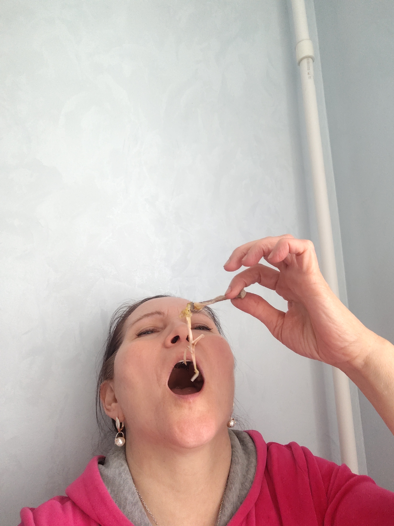 A woman is pictured from a low angle, with her head tilted back and her mouth open. She is holding a dried plant stem between her fingers, extending it toward her mouth and nose. She is wearing a pink zip-up sweatshirt over a grey collared shirt, and pearl-like earrings. The background is a light blue wall, and a white pipe is visible on the right side of the frame. The image was taken in an indoor setting. There is no evidence to suggest the image was taken in Sarapul, Russia.