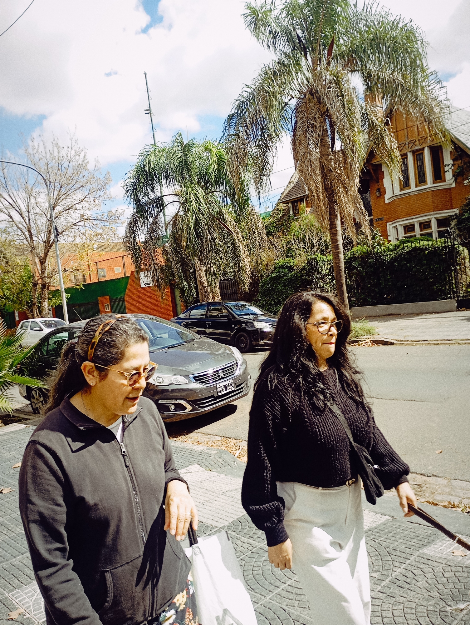 Two women walk on a sidewalk in a residential area. The woman on the left wears a black jacket, flower-patterned pants, and sunglasses, and carries a white plastic shopping bag. The woman on the right wears a black sweater, light-colored pants, and eyeglasses, and has a black purse slung over her shoulder. Behind them are cars parked on the street and houses with lush foliage. The car in front has the license plate "PKN 842". The location is Buenos Aires, Argentina.