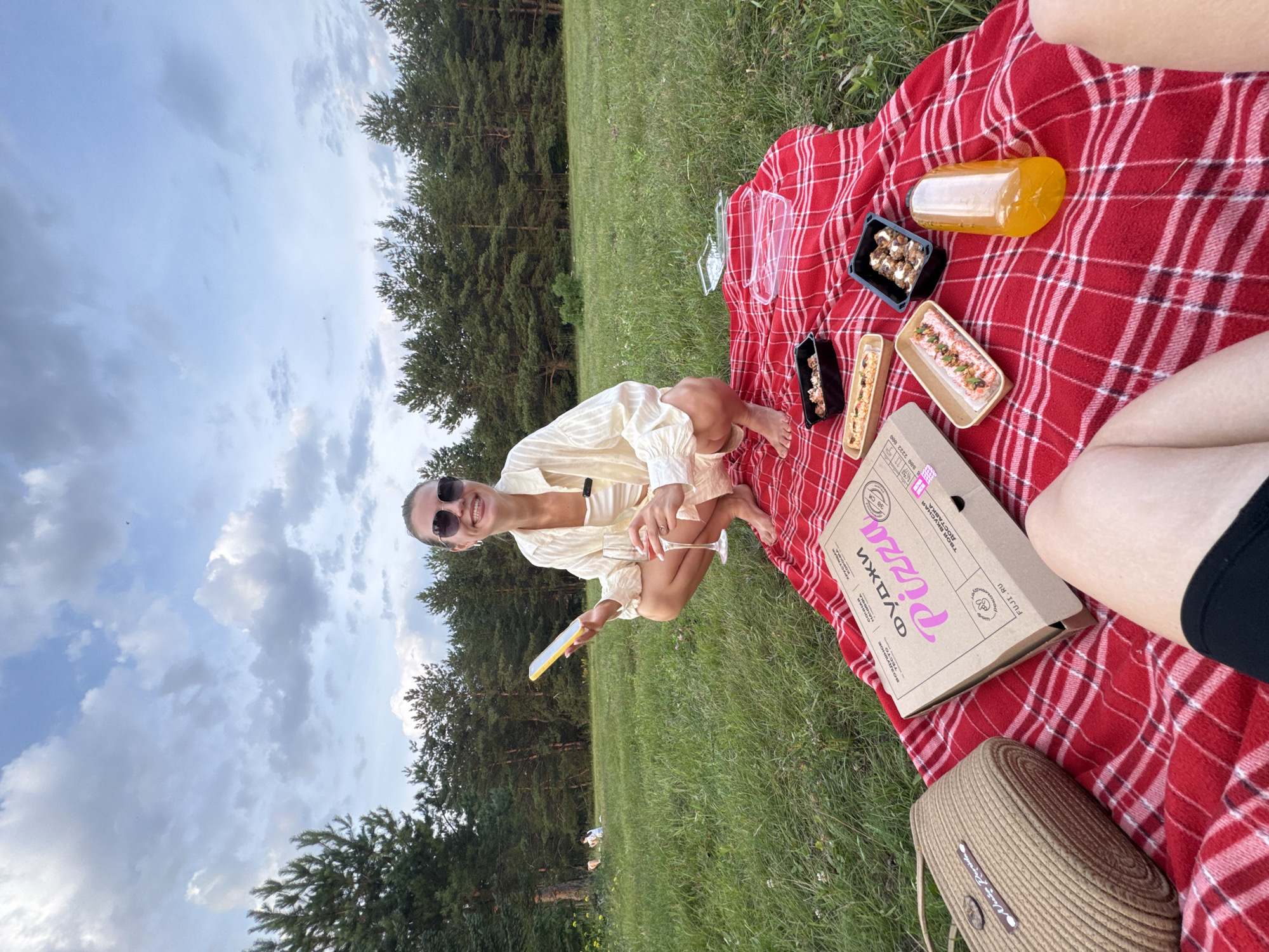 In Tolyatti, Russia, a woman is captured in a wide-angle shot during a picnic on a grassy field surrounded by a dense forest. She is crouched on a red and white checkered blanket, holding a smartphone and a wine glass. The blanket is laden with food items, including a pizza box and several containers of sushi. A woven handbag rests to the left of the frame. The sky above is filled with dramatic clouds, suggesting either early morning or late afternoon. In the background, other individuals can be seen enjoying the park. The overall scene depicts a leisurely outdoor meal in a natural setting.