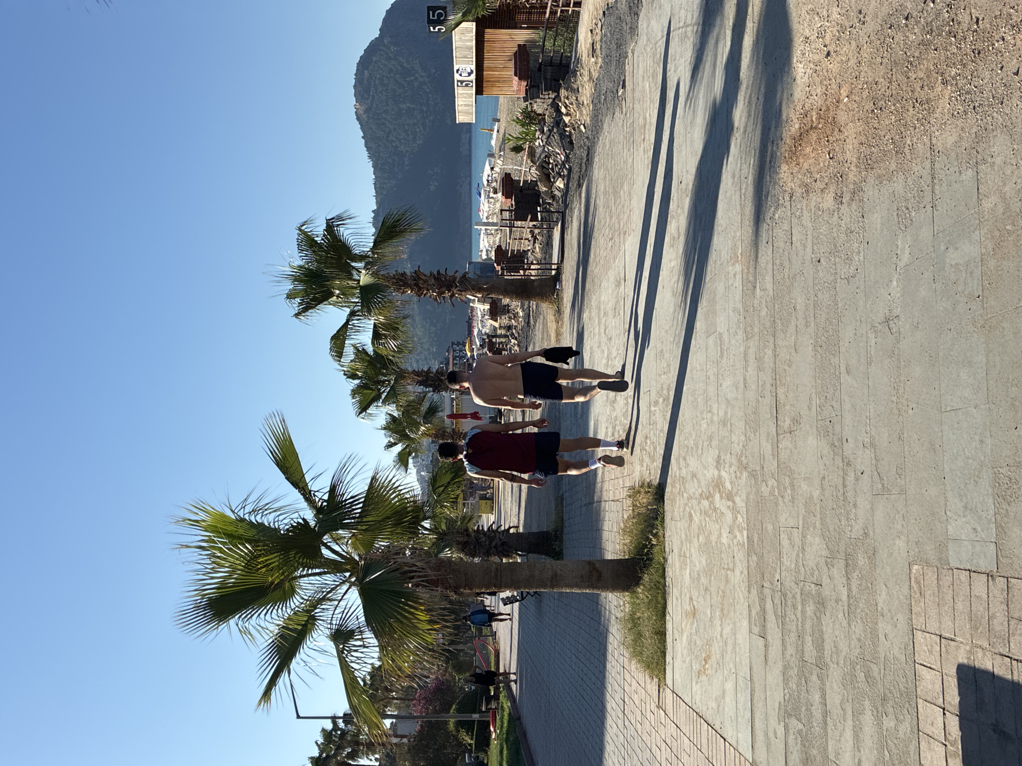 The image captures a vibrant coastal scene, likely a promenade in Alanya, Turkey, under a clear blue sky. Two men are walking away from the camera on a paved pathway lined with palm trees. The man closer to the camera wears a maroon t-shirt and dark shorts, while the man ahead of him is shirtless, sporting dark shorts. Their long shadows stretch across the pathway, suggesting either early morning or late afternoon sunlight.
To the right of the path, beyond the palm trees, a sandy or gravel area gives way to a beach dotted with white beach chairs and umbrellas. The tranquil blue sea is visible in the distance, framed by dark, imposing mountains that rise sharply from the coastline. A wooden structure with signs featuring the numbers "5 5" and "5 5" (one with a small circular logo) stands near the beach. Further down the path, more individuals can be seen walking or relaxing, including a person in a blue top and another in black. The overall atmosphere appears sunny and relaxed, indicative of a pleasant day at a seaside location.