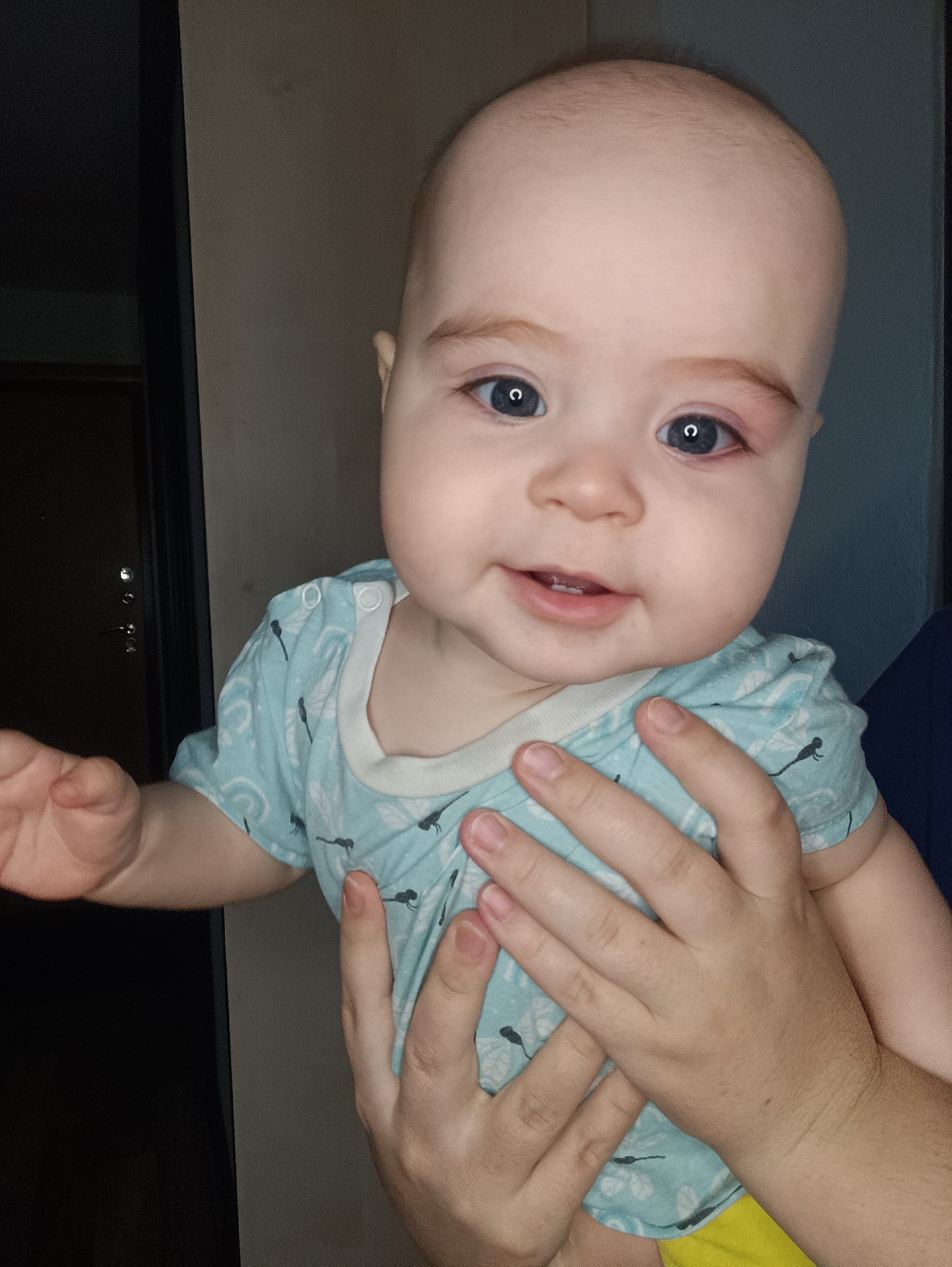 A close-up image depicts a light-skinned baby being held by a person. The baby has a bald head, light eyebrows, blue eyes, and a small smile revealing upper teeth. The baby is wearing a light blue shirt with a pattern. The person holding the baby has their hands visible, with the fingers spread and supporting the baby's torso. The background consists of a neutral-toned wall and a partially visible dark-colored door. The location in the city of Noviy, Russia, is not discernible from the visual information provided.