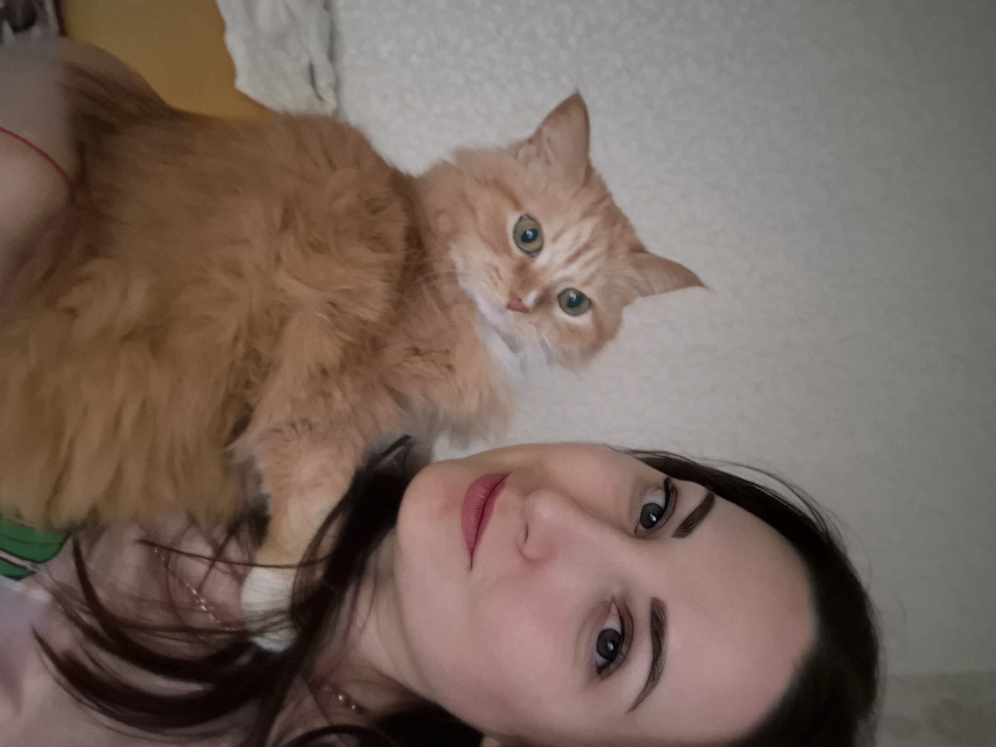 This media file captures a close-up, informal portrait of a woman and an orange cat, presumably taken indoors. The image is oriented sideways, with the subjects appearing to be lying down.
The main subjects are a young woman and a fluffy, long-haired orange cat. The woman is positioned towards the bottom of the frame, with her head and upper torso visible. She has dark, straight hair, dark eyebrows, and dark eyes. Her lips are adorned with a pinkish-mauve lipstick. She wears a light-colored top, possibly pink or purple, and a thin gold chain around her neck. Her expression is calm and neutral, looking directly at the camera.
The orange cat is situated above and slightly behind the woman, facing the camera with a curious or alert gaze. It has striking, light green or blue eyes and a small pink nose. Its fur appears soft and luxuriant. The cat seems to be resting close to the woman, suggesting a companion animal relationship.
The background consists of soft, light-colored textures, resembling bedding or a blanket, possibly white or light gray. There is also a hint of a warmer, golden-yellow hue in the upper left background, and a lighter area suggesting a wall or plain surface.
The activity depicted is a selfie or a casual photo moment, capturing a tender or relaxed interaction between the woman and her pet. No specific time of day, weather, or external location cues are discernible beyond it being an indoor, domestic setting. There is no visible text in the image. The overall mood conveyed is one of tranquility and affection.