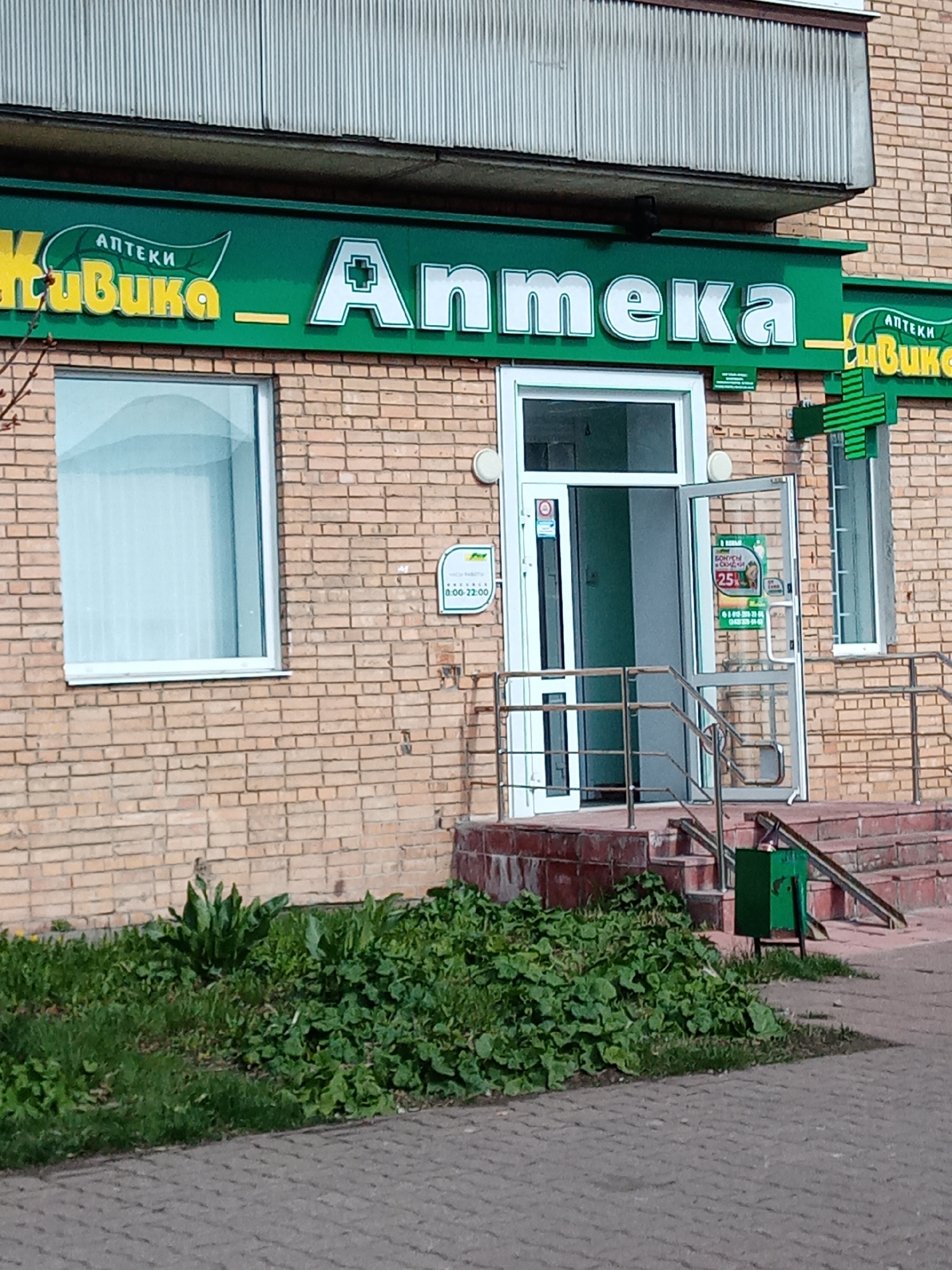 A street-level view of a brick building, likely a pharmacy as indicated by the sign "Kubika - Anmeka," with Cyrillic text above the letters and cross symbols. The building features a glass door with a metal railing leading to the entrance, and a window to the left of the door. A green sign with the hours of operation is posted near the entrance. A small green trash can sits near the steps. In front of the building, there's a patch of greenery. The location is likely Elektrostal, Russia, based on the Cyrillic signage and general architecture. The street is paved with interlocking bricks. There are no people visible in the image.