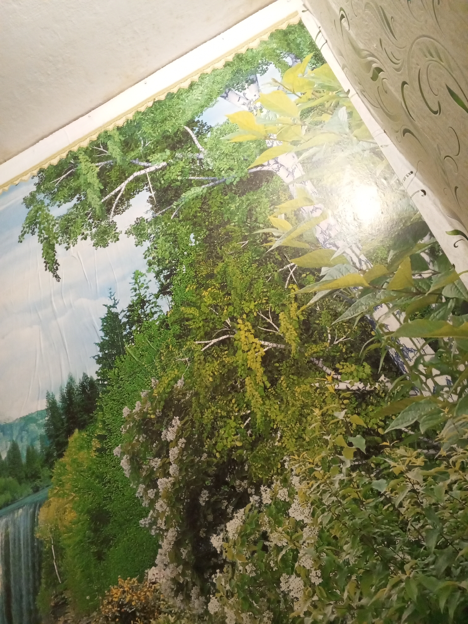 The image depicts a mural on a wall, featuring a lush forest landscape with a waterfall. The mural covers a significant portion of the wall, extending from the ceiling downwards. On the right side of the image, a section of wallpaper with a floral pattern is visible, suggesting the mural is part of a larger decorative scheme. The mural itself is vibrant and detailed, with various shades of green foliage, white flowers, and a cascading waterfall. The sky is depicted as a pale blue. The image is taken from a low angle, looking upwards, and the lighting suggests an indoor setting, possibly a room. There is a subtle sheen on the mural, indicating it might be made of a glossy material. The overall impression is of a decorative, scenic artwork intended to bring the outdoors inside. The specific location in Старое Ромашкино, Russia, is not discernible from the image content itself.