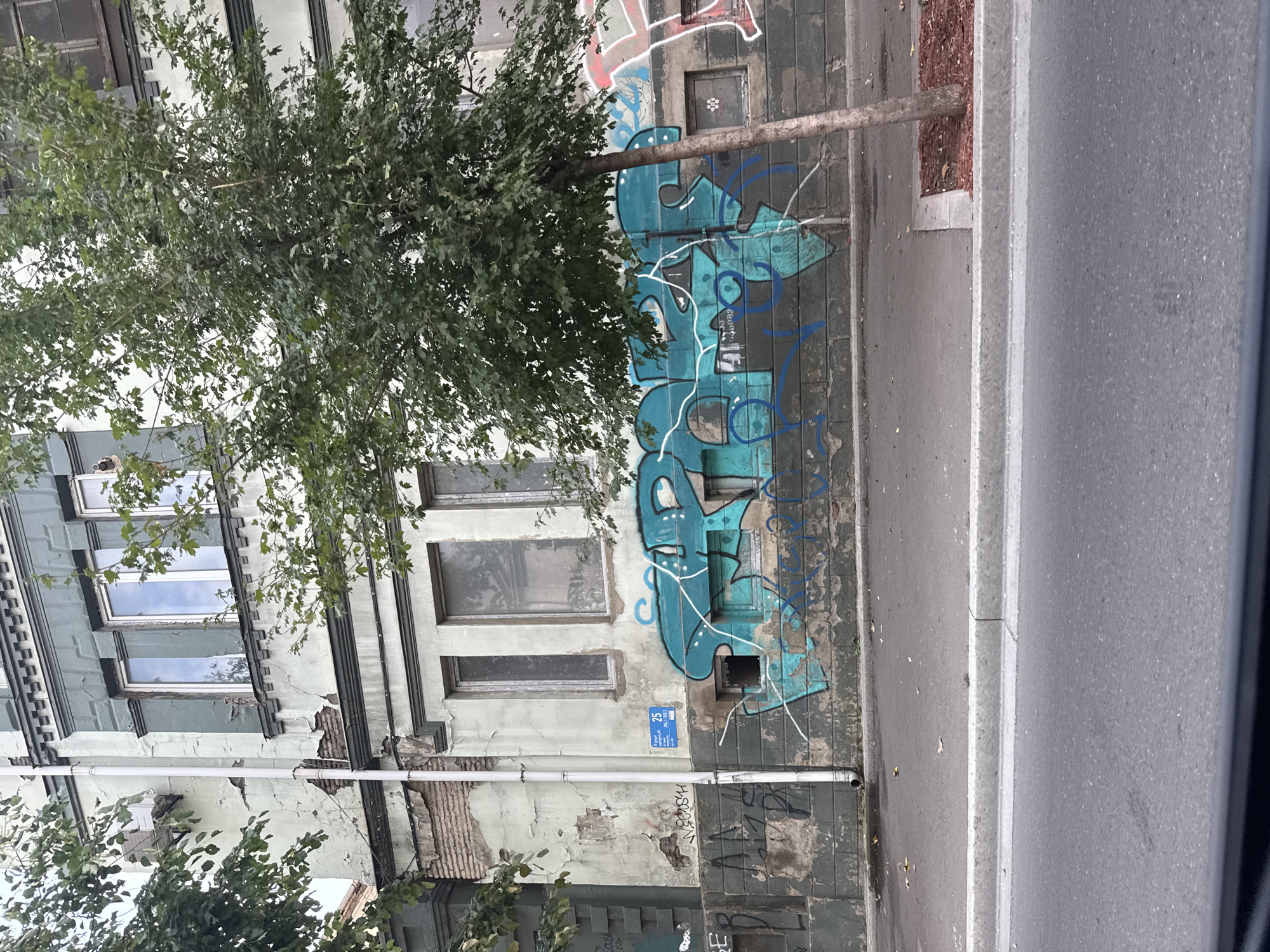 The image shows a dilapidated building facade in Tbilisi, Georgia. The building has multiple stories with windows. The lower part of the building is covered in graffiti, with prominent teal-colored lettering. A tree stands in front of the building, partially obscuring the graffiti. The street in front of the building is paved, with a sidewalk and a curb. The overall scene suggests an urban environment with signs of neglect and decay.