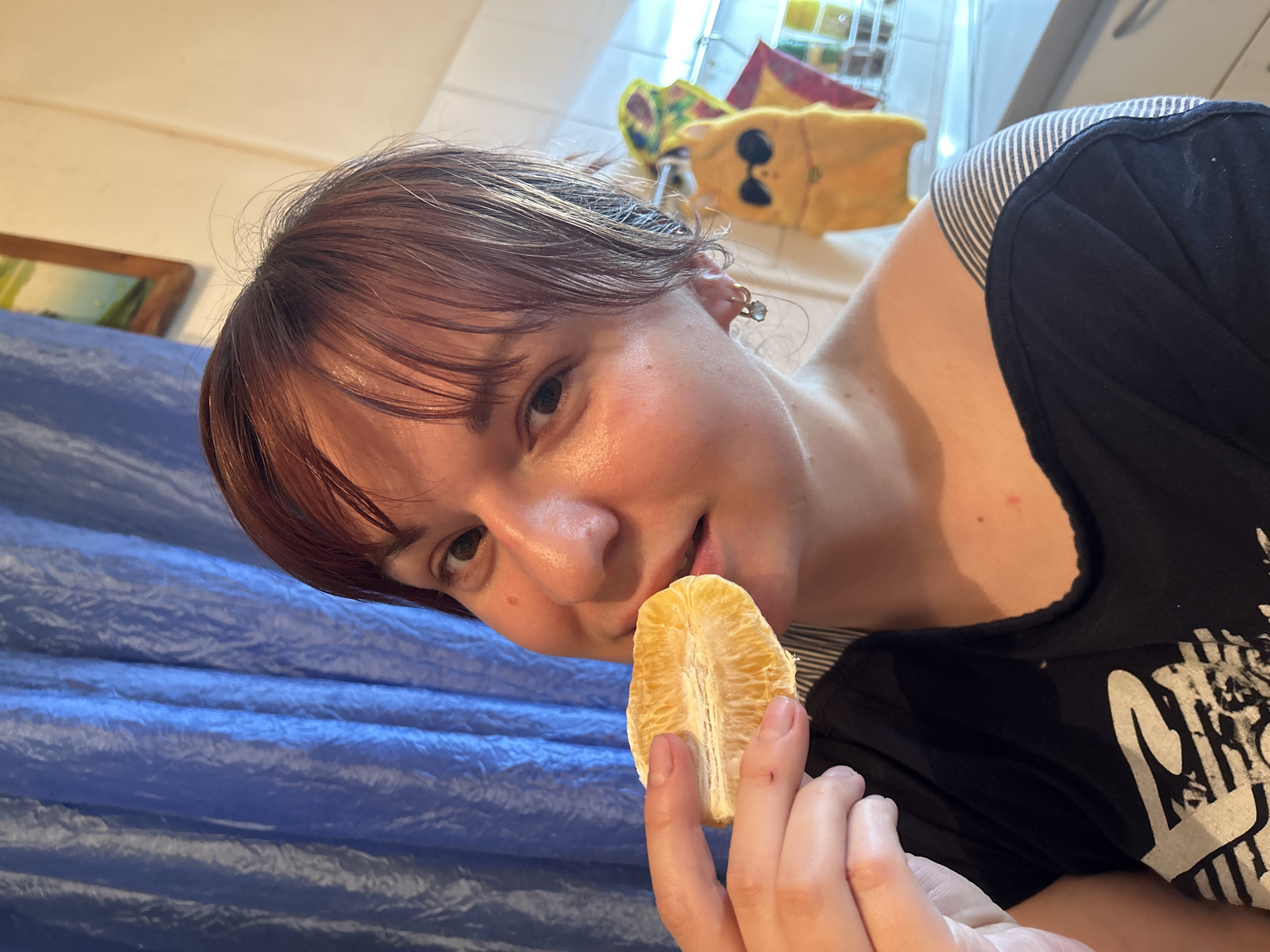A close-up, angled indoor shot captures a young person, likely female, with reddish-brown hair and bangs, in the process of eating a segment of a peeled orange or mandarin. The person's face is central to the frame, with a slight, contented expression as the fruit is held delicately between the fingers and positioned close to the mouth. They are wearing a black t-shirt with an illegible white graphic design on the front, and a striped garment is visible underneath. A small, possibly gold-colored earring is seen in their right ear.
The background is mixed. To the lower left, a prominent blue, textured fabric (possibly a curtain or tarp) fills a significant portion of the frame. Further left, a framed picture hangs on a light-colored wall. To the upper right, the setting appears to be a kitchen or utility area, with a light wall, a metal shelving unit, and a yellow object resembling a soft toy or bag with cartoon eyes. The lighting is bright and even, suggesting an indoor setting during the day or a well-lit evening. The overall scene conveys a casual, personal moment of enjoying a snack. The location context for this media file is Фоки, Russia.