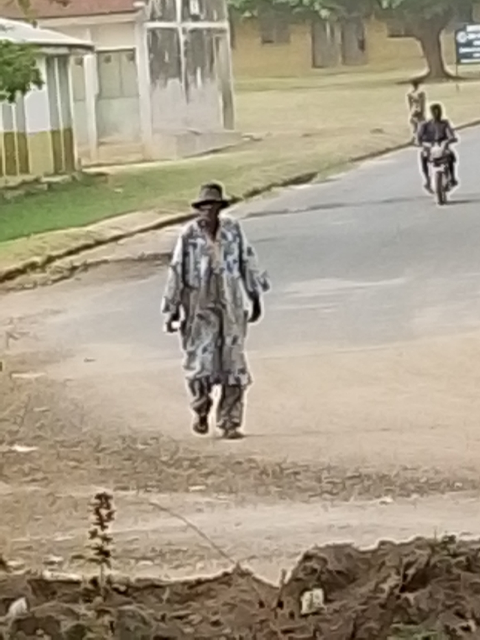 The image shows an outdoor scene, likely on a paved or dirt road, under what appears to be daylight conditions. The central and most prominent figure is a person walking towards the viewer, slightly off-center to the left. This individual is wearing a dark, wide-brimmed hat, possibly a fedora. Their main attire consists of a long, loose-fitting garment, resembling a robe or coat, with a mottled or patterned design in shades of grey, white, and possibly light blue or green. Underneath this garment, trousers are visible, and the person is wearing sandals or open-toed shoes.
In the mid-ground, to the right of the central figure, another person is seen riding a motorcycle away from the viewer. Further down the road and to the right, a third person is walking. The road appears to have a slight curve or incline.
The background features several elements:
- To the far left, there is a building with light-colored walls and what looks like a dark stripe or trim. Green foliage is visible next to and above this building.
- Behind the central figure and to the left, there's a taller, light-colored structure that appears somewhat weathered, possibly a tower or a part of another building.
- Towards the right and further back, there are trees with green leaves and hints of other structures. The ground to the sides of the road is grassy or covered in sparse vegetation.
The foreground is blurry and consists of an earthy, reddish-brown ground with some indistinct plant life. The overall image quality is somewhat soft and slightly out of focus, giving it a painterly or impressionistic feel. There is no visible text in the image. The setting suggests a casual, everyday street scene in a potentially rural or semi-urban environment.