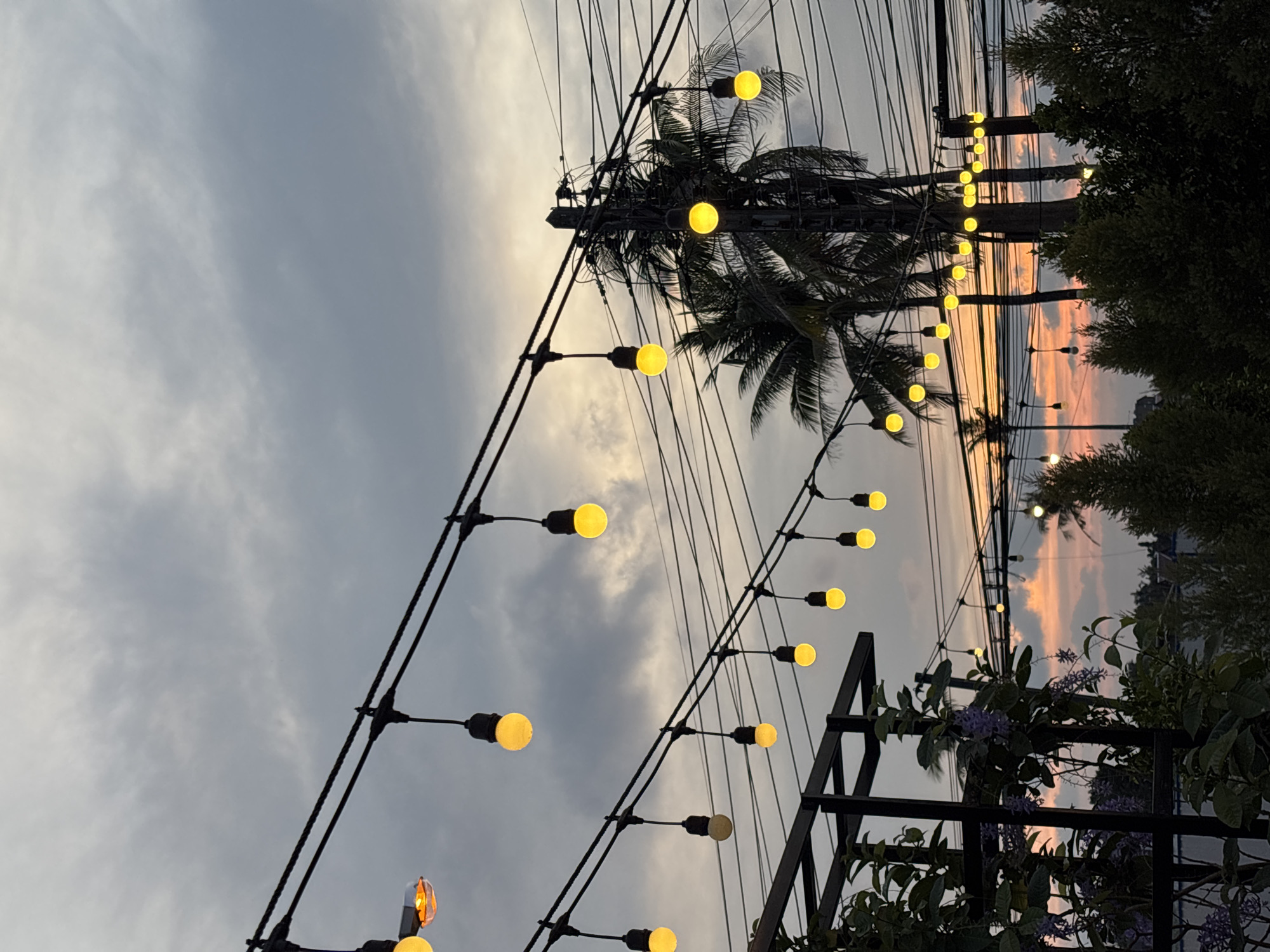 The image is taken in Choeng Thale, Thailand, and shows a twilight scene with palm trees, power lines, and string lights. The sky is a mix of gray clouds and a sunset with orange and pink hues. The string lights are strung between poles and are illuminated, creating a warm glow. A palm tree is visible behind the power lines. The scene appears to be a street or outdoor area. In the lower right corner, a portion of a structure is visible, along with foliage and purple flowers. The image is oriented at an angle.
