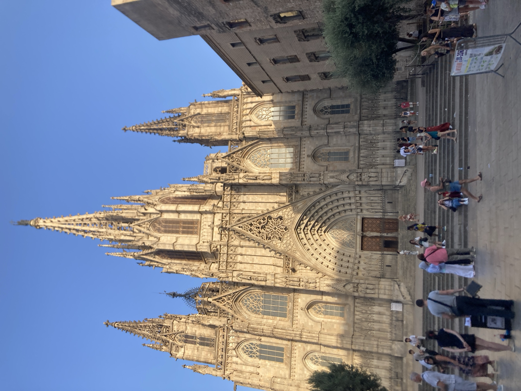 The image depicts the Barcelona Cathedral, a Gothic cathedral located in Barcelona, Spain. The cathedral's facade, constructed of stone, features intricate architectural details, including spires, arched doorways, and stained-glass windows. Sunlight illuminates the building, casting shadows that highlight its three-dimensional elements. A wide set of stairs leads up to the main entrance, where several people are gathered and walking. The crowd consists of individuals of various ages and genders, dressed in casual summer attire. Some are seated on the steps, while others are standing or walking. The ground in front of the stairs is paved, and a green tree is visible to the left of the cathedral. The sky is clear and blue. To the right of the cathedral, a multi-story building with a brick facade is partially visible.