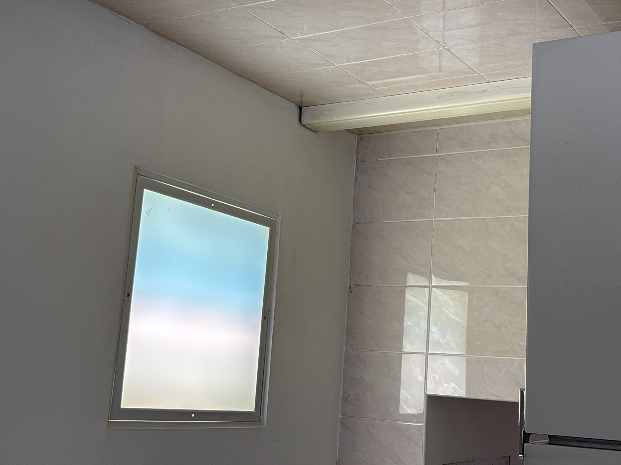 This image captures a bright, unoccupied interior space, likely a utility room or kitchen, located in Saint Petersburg, Russia. The room features a light-colored, plain wall on the left, which meets a wall covered in light-toned, possibly beige or cream-colored, square ceramic tiles with visible grout lines on the right. The ceiling is also tiled with similar light-colored squares, creating a consistent aesthetic.
A square-framed window with a light-colored or white frame is positioned on the left wall. The window pane is frosted or obscured, showing a soft gradient of light blue at the top transitioning to white at the bottom, indicative of daylight filtering through, possibly from a clear or partly cloudy sky outside. Small fasteners are visible on the window frame.
A long, light-colored, fluorescent-style light fixture is mounted horizontally near the ceiling, above the tiled wall. To the far right, a segment of a tall, light-gray appliance, possibly a refrigerator or cabinet, is visible, showing its side and a slender, metallic handle. The glossy surface of the tiled wall reflects rectangular patches of light, suggesting a bright light source illuminating the room. The scene is devoid of people or discernible activity, presenting a functional and brightly lit space during the daytime. No text is visible.