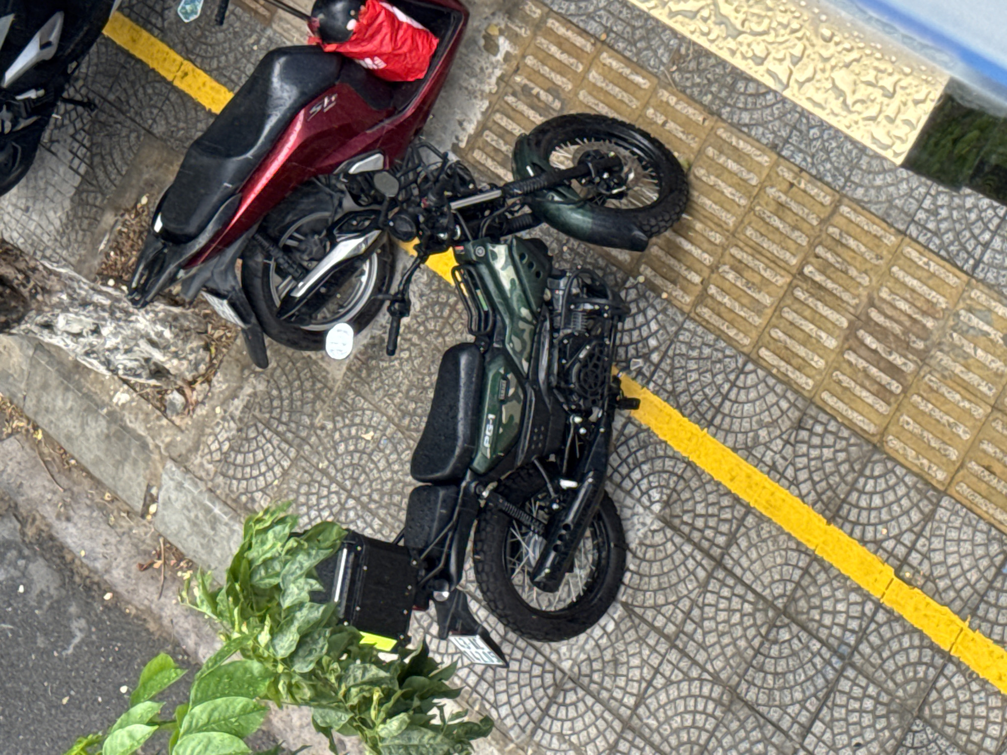 The image shows two parked motorcycles on a city sidewalk in Da Nang, Vietnam. The foreground motorcycle is a dark green scrambler-style bike with a black seat and a camouflage pattern on its fuel tank. It has a black storage box mounted on the rear. The background motorcycle is a red scooter with a black seat and a red bag on its rear. The sidewalk is paved with grey interlocking concrete tiles and yellow tactile paving blocks. A bright yellow line is painted on the sidewalk, separating the two parking areas. Lush green foliage from a nearby plant spills into the frame from the left. The scene appears to be outdoors, on a street in Da Nang.