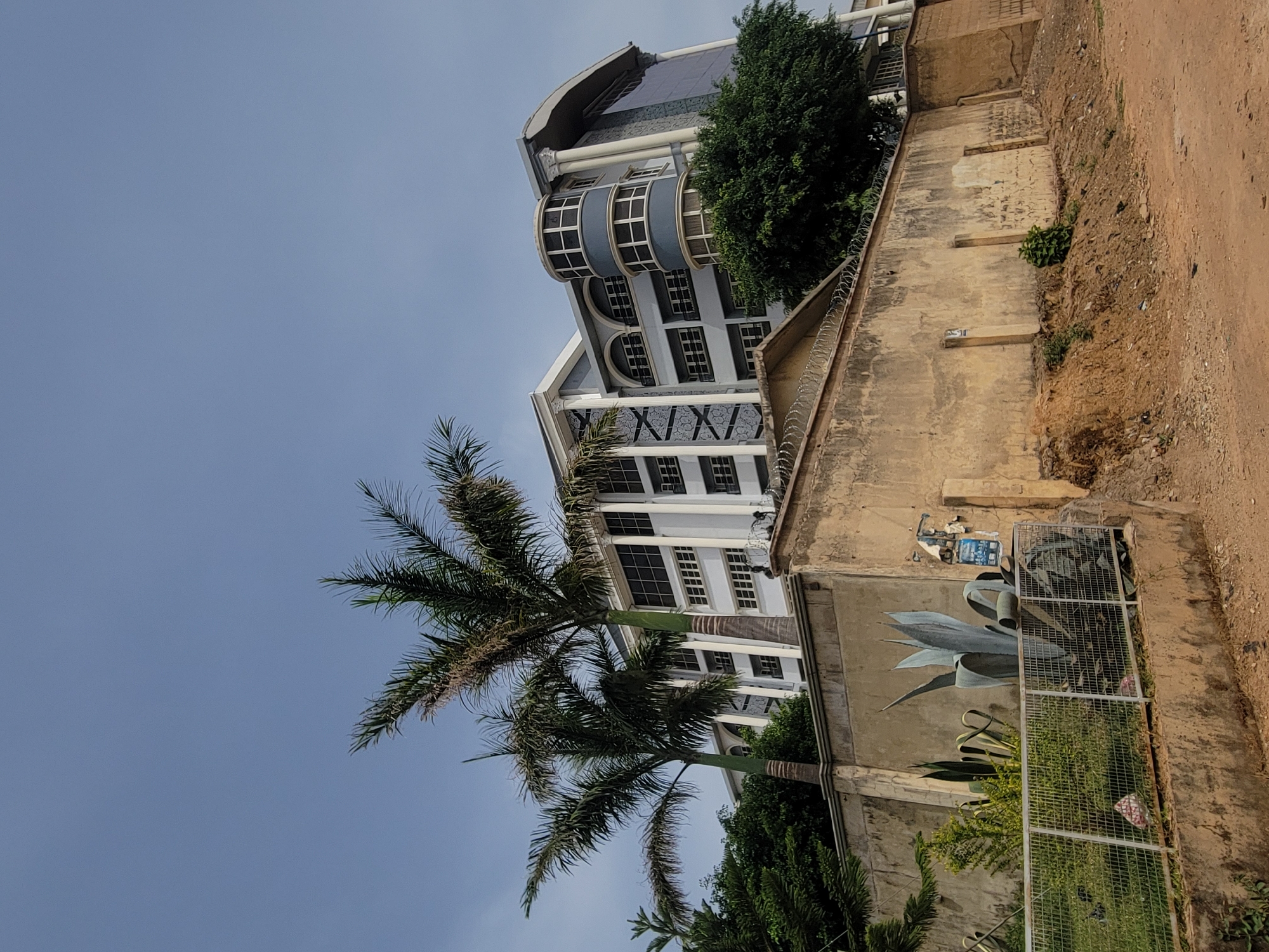 The image captures a multi-story building in Jos, Nigeria, characterized by its modern architectural design featuring curved bay windows and white-columned accents. The building is positioned adjacent to a tall, weathered concrete wall topped with barbed wire, indicating a security measure. On the wall, a mural of an agave plant is visible. A dense palm tree stands in front of the building, partially obscuring the view. The environment includes foliage at the base of the wall, and a dirt or gravel path runs alongside the wall. The sky is a light blue, suggesting daytime. No people or interactions are visible in the scene.