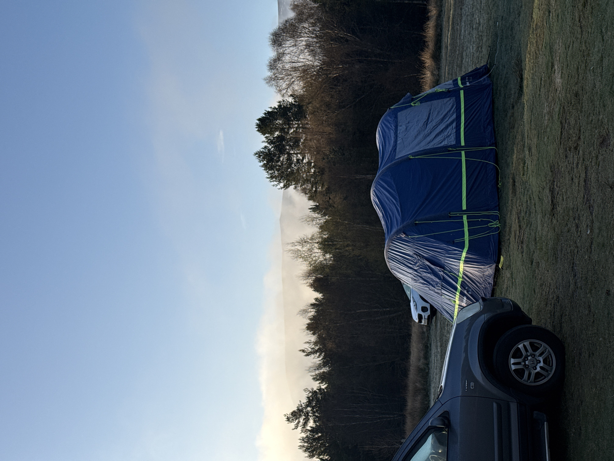 The image shows a campsite in an unknown location. A blue tent with green accents is pitched on a grassy field. A gray SUV is parked next to the tent. Behind the tent and car is a line of trees shrouded in fog. The sky is clear and blue.
