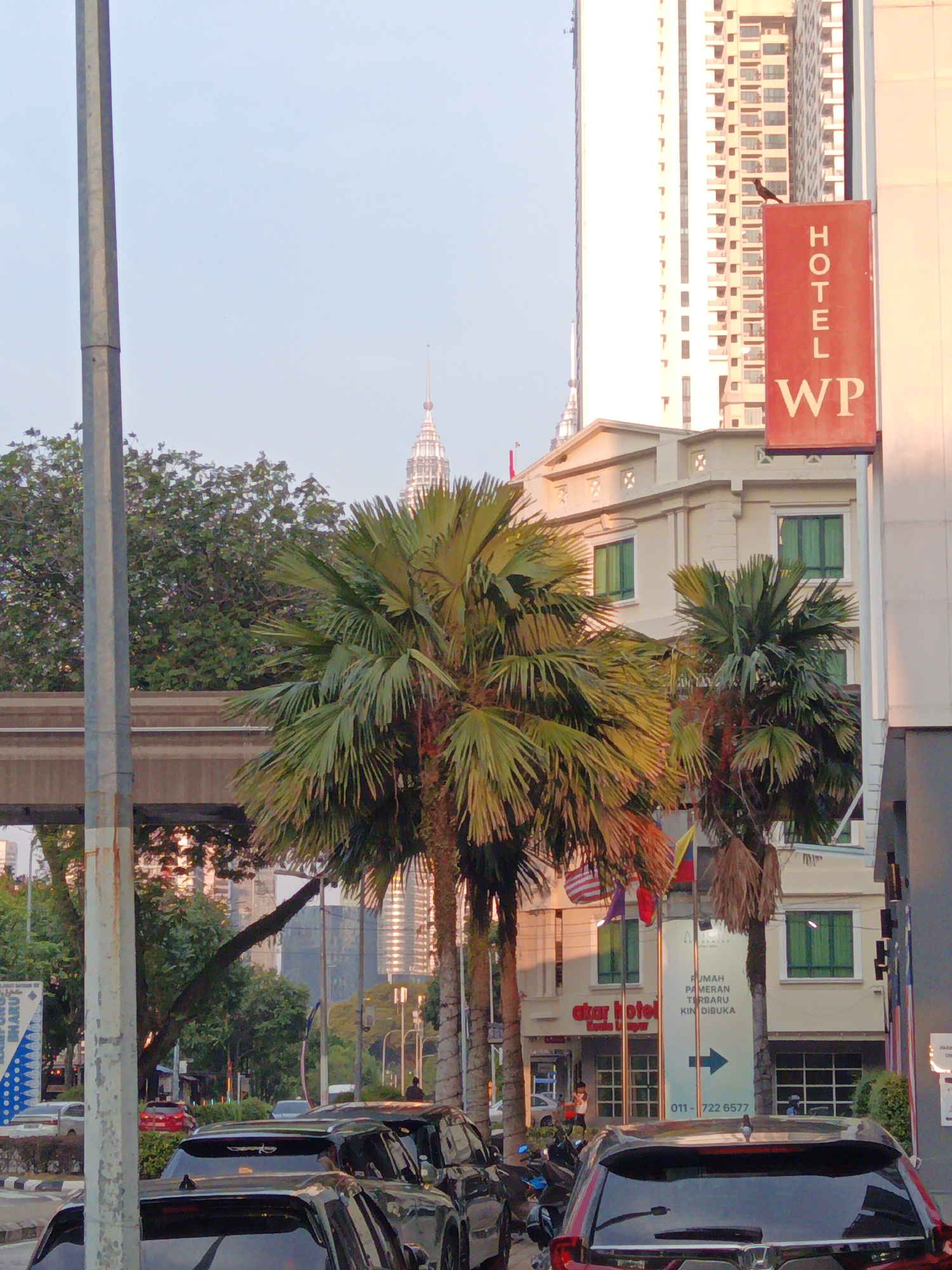 In Kuala Lumpur, Malaysia, this outdoor urban scene captures a view dominated by a tall, modern skyscraper and a lower, cream-colored building with green-trimmed windows. A large, red sign with white lettering that reads "HOTEL WP" is prominently displayed on the side of the skyscraper, indicating lodging. In front of these buildings, several palm trees with lush green fronds add a tropical element to the environment. The foreground of the image is filled with several dark-colored SUVs parked on a street, suggesting traffic and urban activity. A pedestrian walkway and streetlights are also visible, further emphasizing the city setting. A concrete structure, possibly an elevated walkway or bridge, runs horizontally across the middle of the image, behind the palm trees. The sky is a pale blue, suggesting it is daytime, possibly late afternoon due to the lighting.