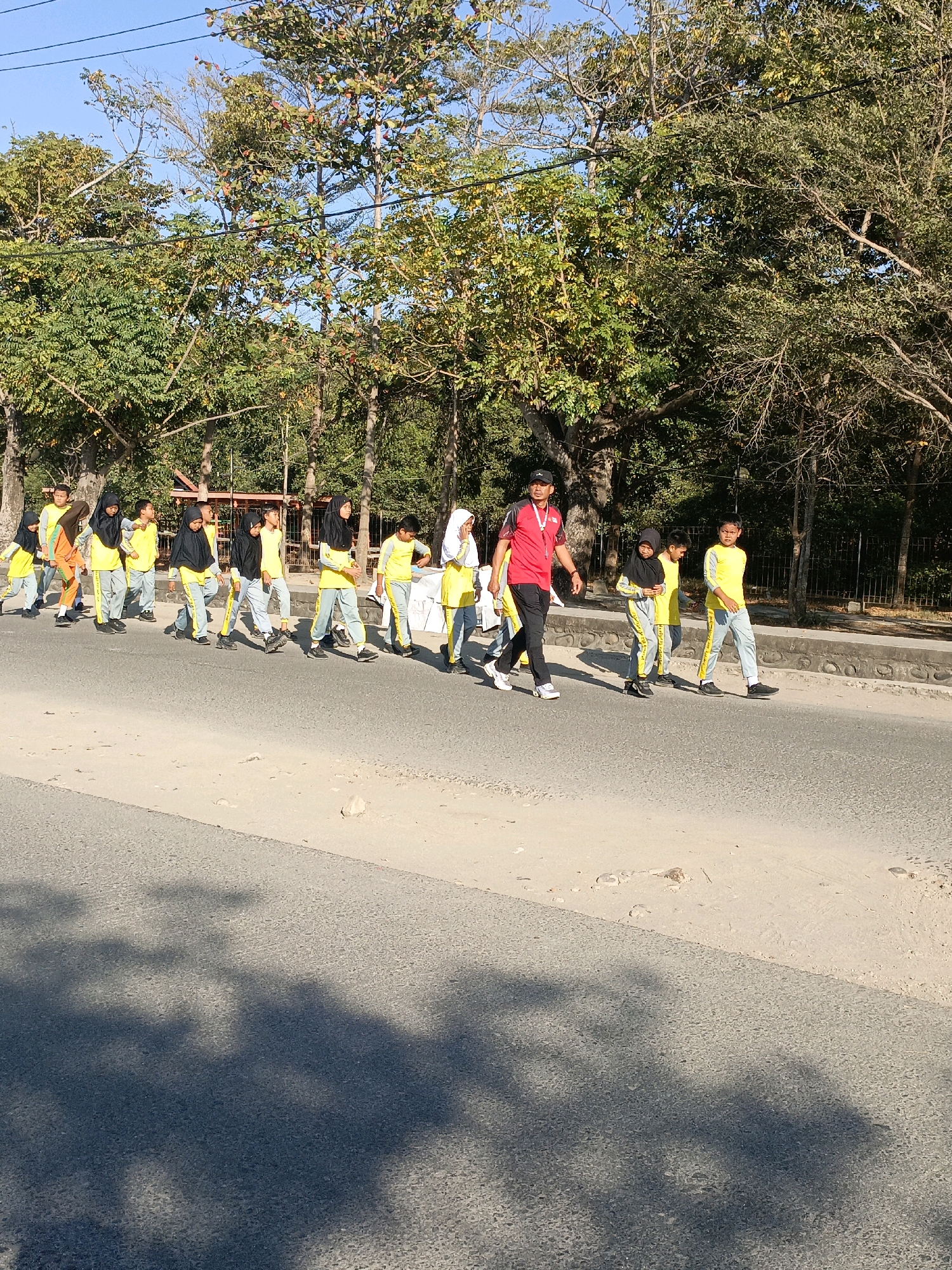 In Bulukumba, Indonesia, on a sunny day, a group of students is walking along a road. The students, primarily wearing yellow shirts and gray pants, some with headscarves, are accompanied by an adult male in a red shirt and black pants. They appear to be participating in an outdoor activity, possibly a school event or a walkathon. The road is paved, with a sandy shoulder. Lush green trees line the background, indicating a pleasant, natural setting. The overall atmosphere suggests a community event or educational outing.