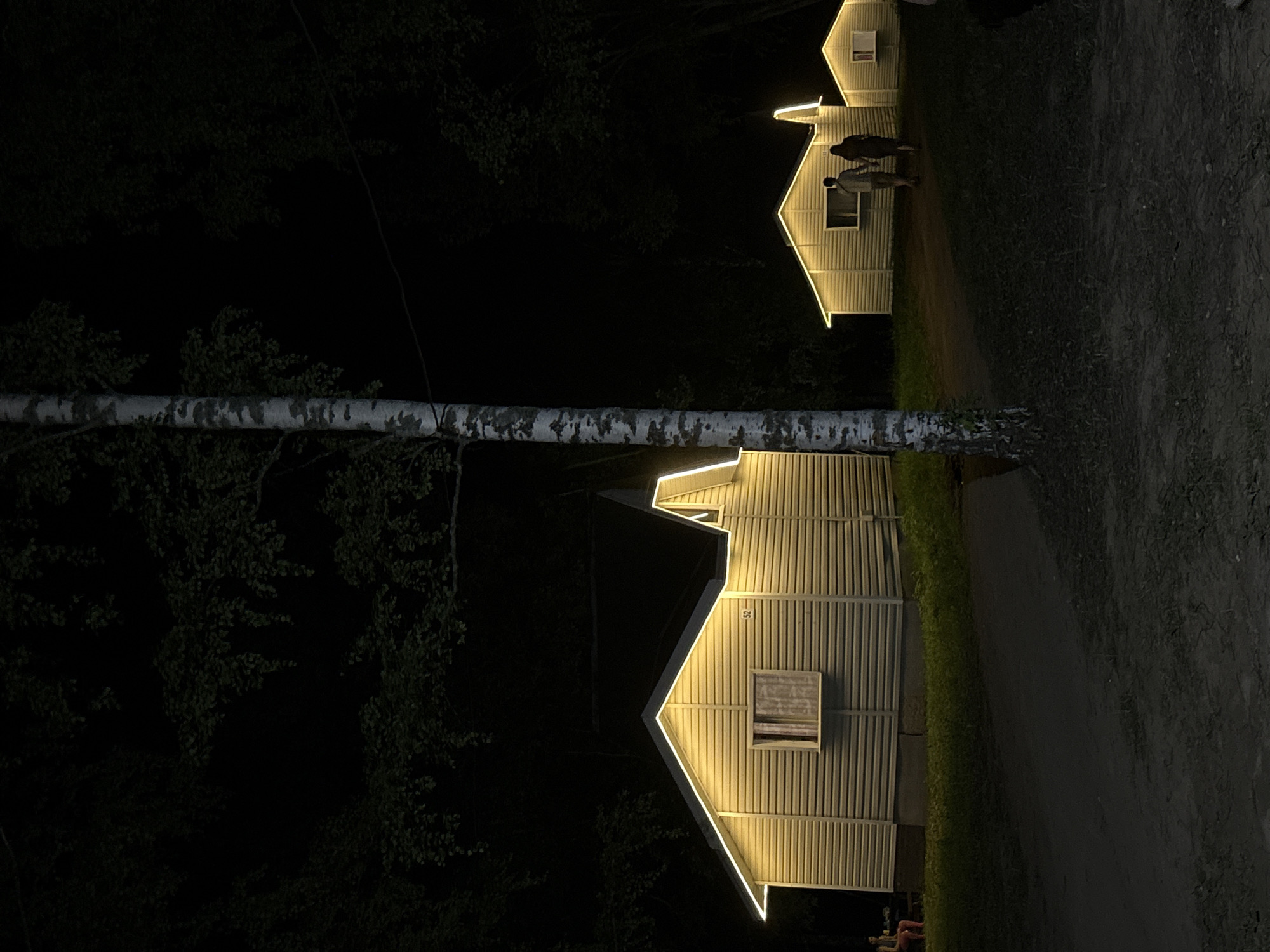 In Galevo, Russia, at night, a serene outdoor scene unfolds. A pathway leads through a grassy area towards two small, light-colored cabins illuminated by warm, white string lights outlining their roofs. The cabins appear to be of a similar architectural style, with one larger structure in the foreground and a smaller one to the right. A tall, slender birch tree with distinctive white and black bark stands prominently in the foreground, partially obscuring the view of the larger cabin. The background is dominated by the dark silhouette of dense foliage, suggesting a wooded environment. In the distance, on the left side of the image, a person is seated on what appears to be a bench or low structure. Near the cabins, a couple is walking hand-in-hand away from the camera, moving towards the right side of the frame. The ground is a mix of dirt and grass, with the pathway appearing to be paved or compacted. The overall atmosphere is quiet and peaceful, with the lighting creating a welcoming ambiance.