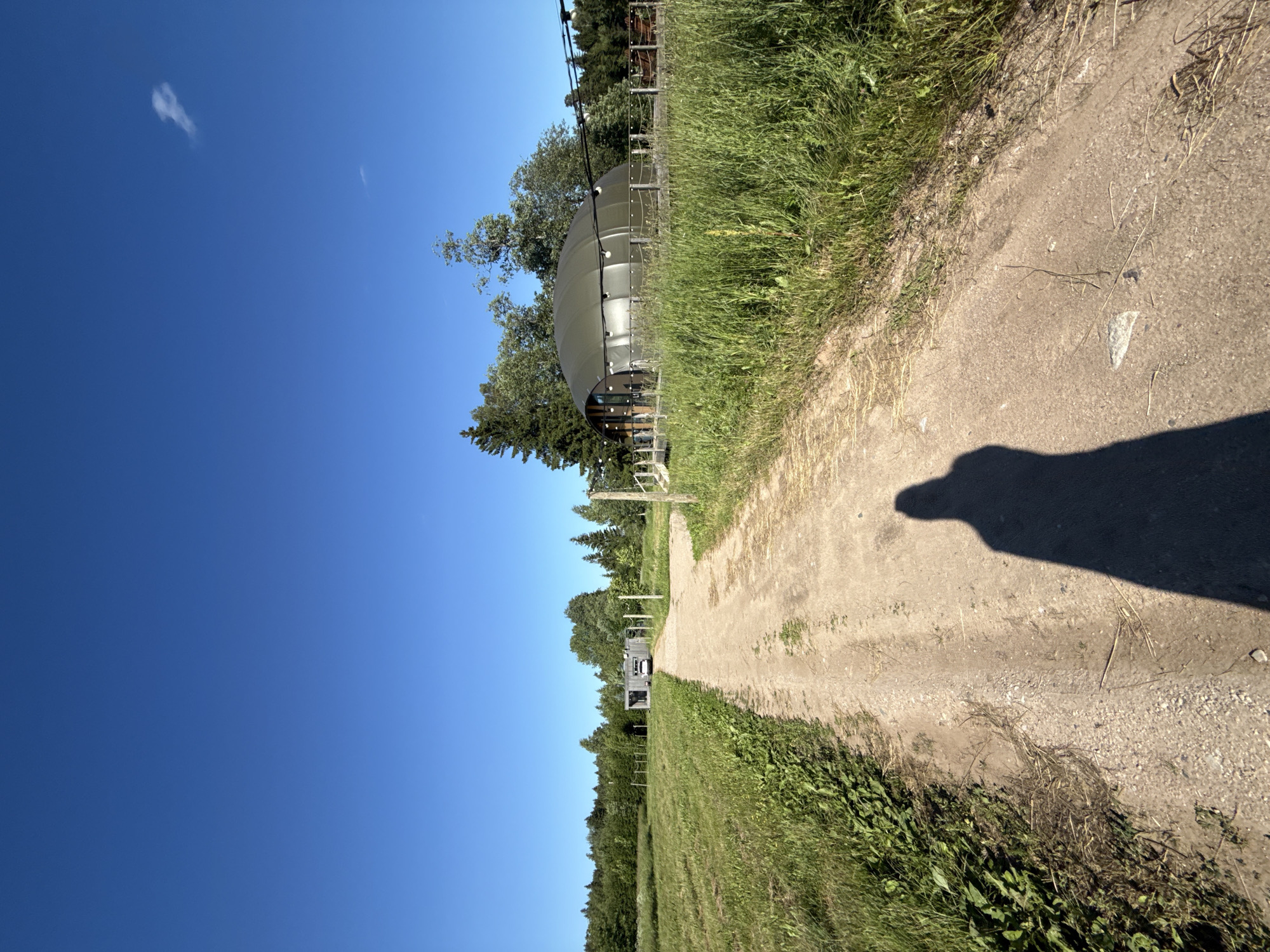 An outdoor, eye-level, vertical shot captures a dirt road leading towards a green domed building. The road is partially shaded by the shadow of the photographer, whose head and shoulders are visible. The road is bordered by a grassy field on the left and tall green grass on the right, with trees forming a dense forest in the background. A light-colored vehicle is parked in front of a grey, modern-looking structure to the left of the road. The sky is a clear, vibrant blue with a few wispy clouds. The scene is set in Zamosh'e (Zaklinskoe S/P), Russia, under bright daylight.