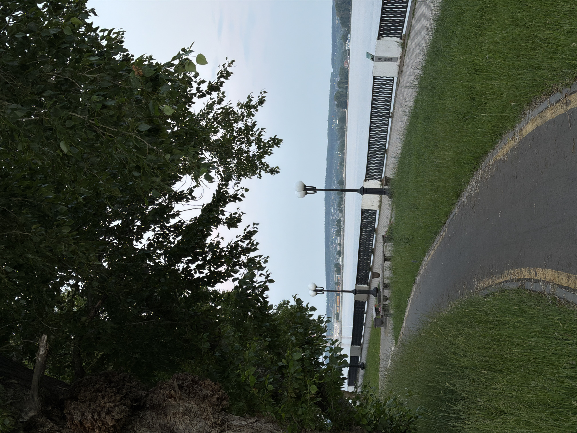 A paved path curves through a grassy area alongside a large tree on the left. The path leads towards a waterfront promenade with a black metal fence. Beyond the fence, a wide river or lake is visible, with a distant town or city on the opposite bank. The sky is overcast and pale blue. There are several lampposts and benches along the promenade.