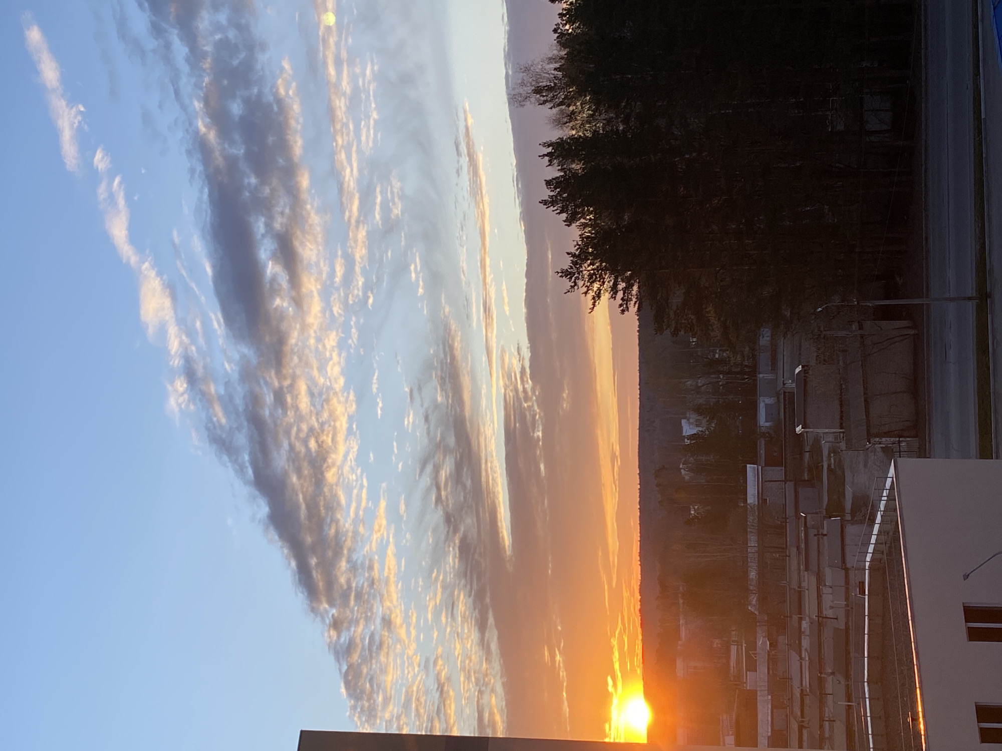 The image shows a sunset in Chaikovsky, Russia. The sun is setting on the horizon, casting an orange glow over the sky. The clouds are long and streaky, and are tinged with yellow and gray. There are buildings on the bottom right and trees on the top right. A road is to the right of the trees.