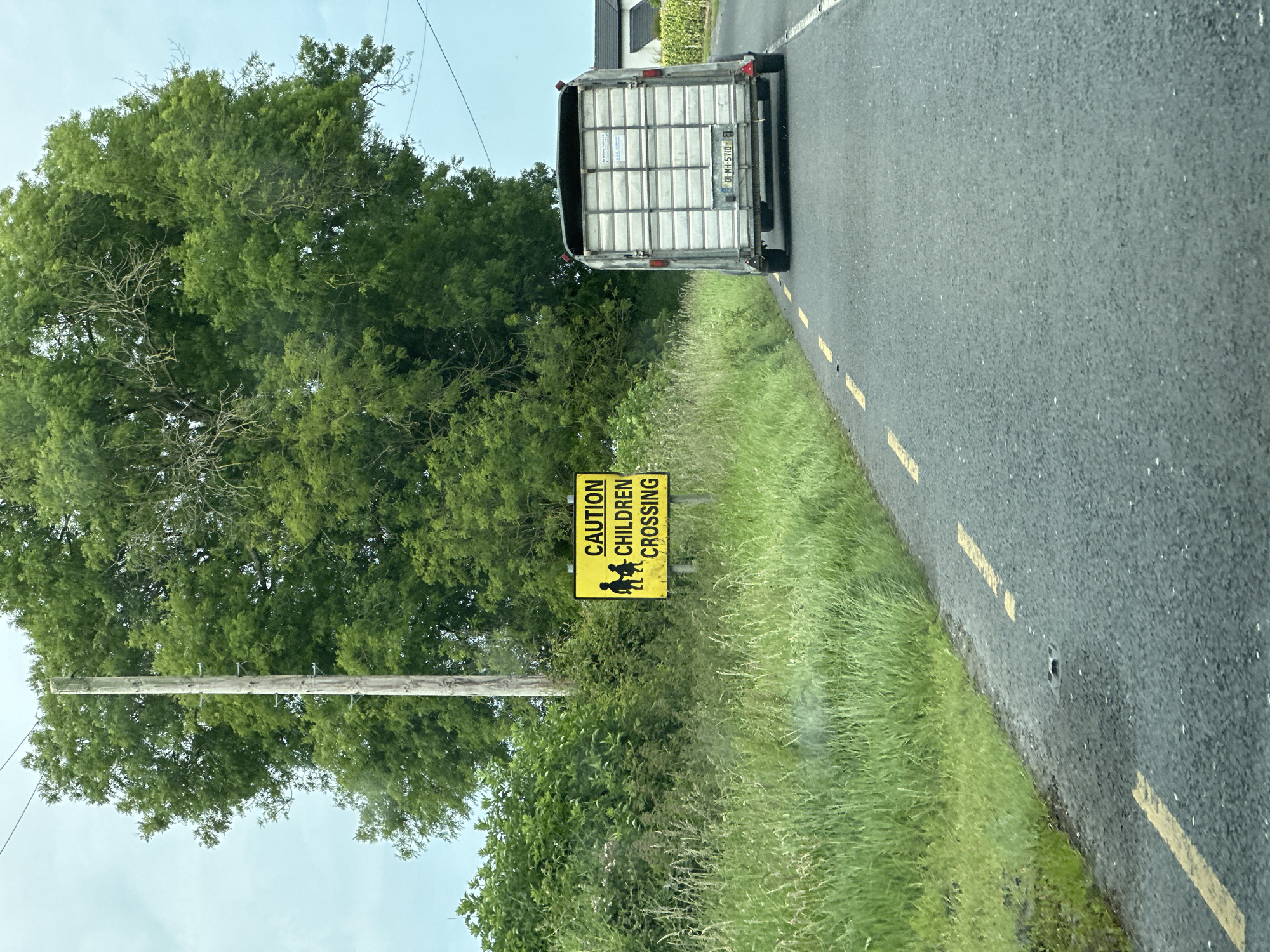 The image depicts a rural roadside scene in the vicinity of Carlow, Ireland. A bright yellow rectangular sign with black lettering and graphics is prominently displayed on the left side of the road, bearing the text "CAUTION CHILDREN CROSSING" and depicting two figures, one adult and one child, walking. The sign is surrounded by lush green grass and vegetation. A wooden utility pole stands behind the sign, supporting overhead wires. In the foreground, the asphalt road features yellow dashed lines indicating a lane divider. A trailer, presumably for livestock, is being towed by a vehicle on the right side of the road, moving away from the viewer. The trailer has a license plate that reads "01-MH-5710". The background consists of a large, dense tree with green foliage and a partially cloudy sky. The overall environment suggests a drive through the Irish countryside.