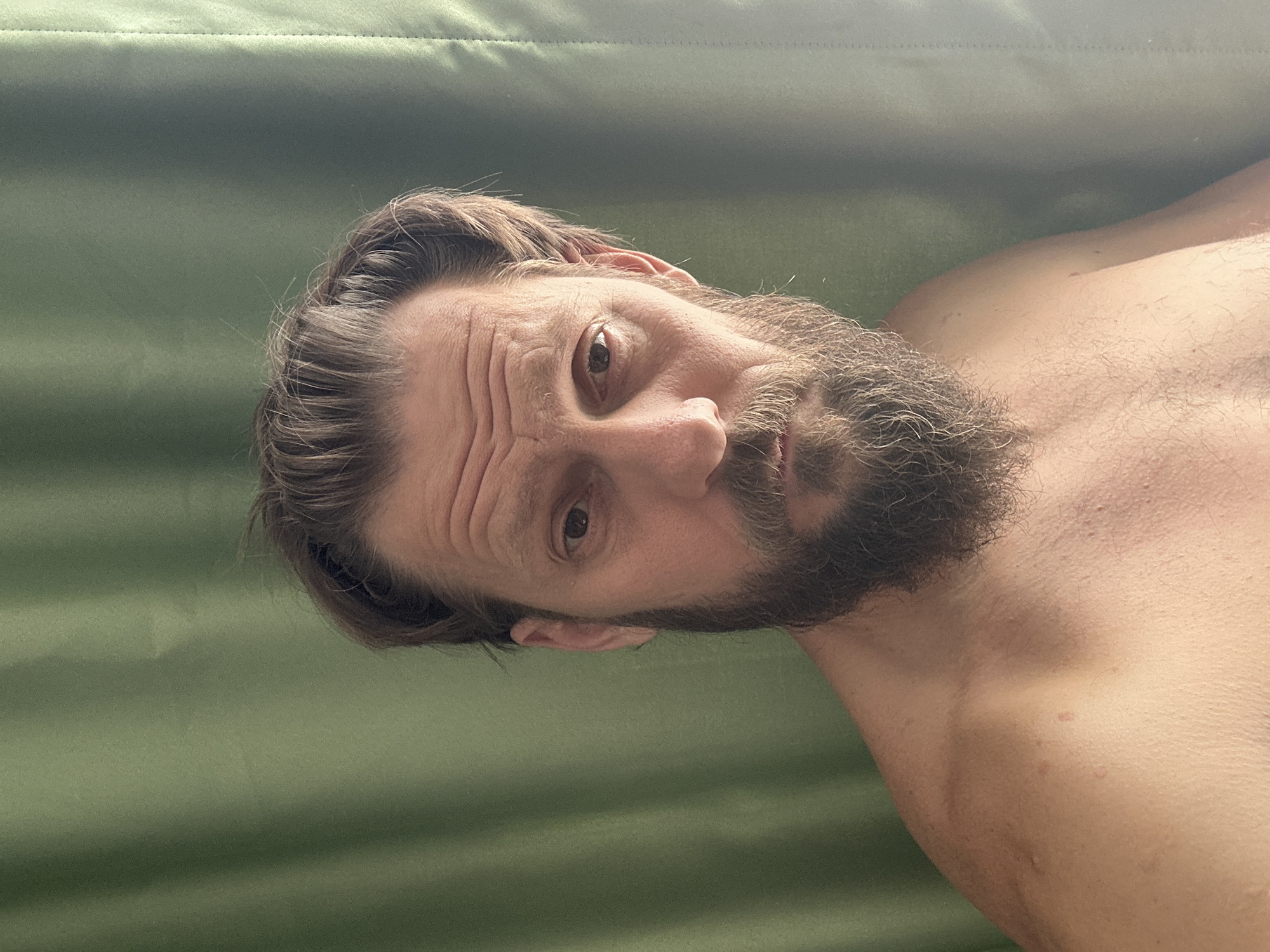 A shirtless man with a beard and brown hair is captured in a medium shot, his head tilted slightly to the right. He is positioned in front of a green, textured curtain that appears to be indoors. The man's gaze is directed towards the camera, with a neutral expression on his face. The lighting in the scene is soft, with a slight shadow cast on the left side of his face. The background is plain and out of focus, drawing attention to the man. The image does not provide any context or indication of his location within the city of Fethiye, Turkey.
