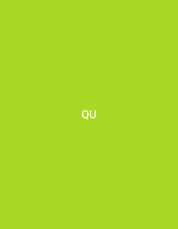 The image displays a uniform, vibrant lime green background. Centrally positioned within the frame are the two capital letters, "QU", rendered in solid white typography. The scene is devoid of people, specific objects, or environmental details other than the colored background and text. This minimalist graphical representation is situated within the context of the city of Casablanca, Morocco.