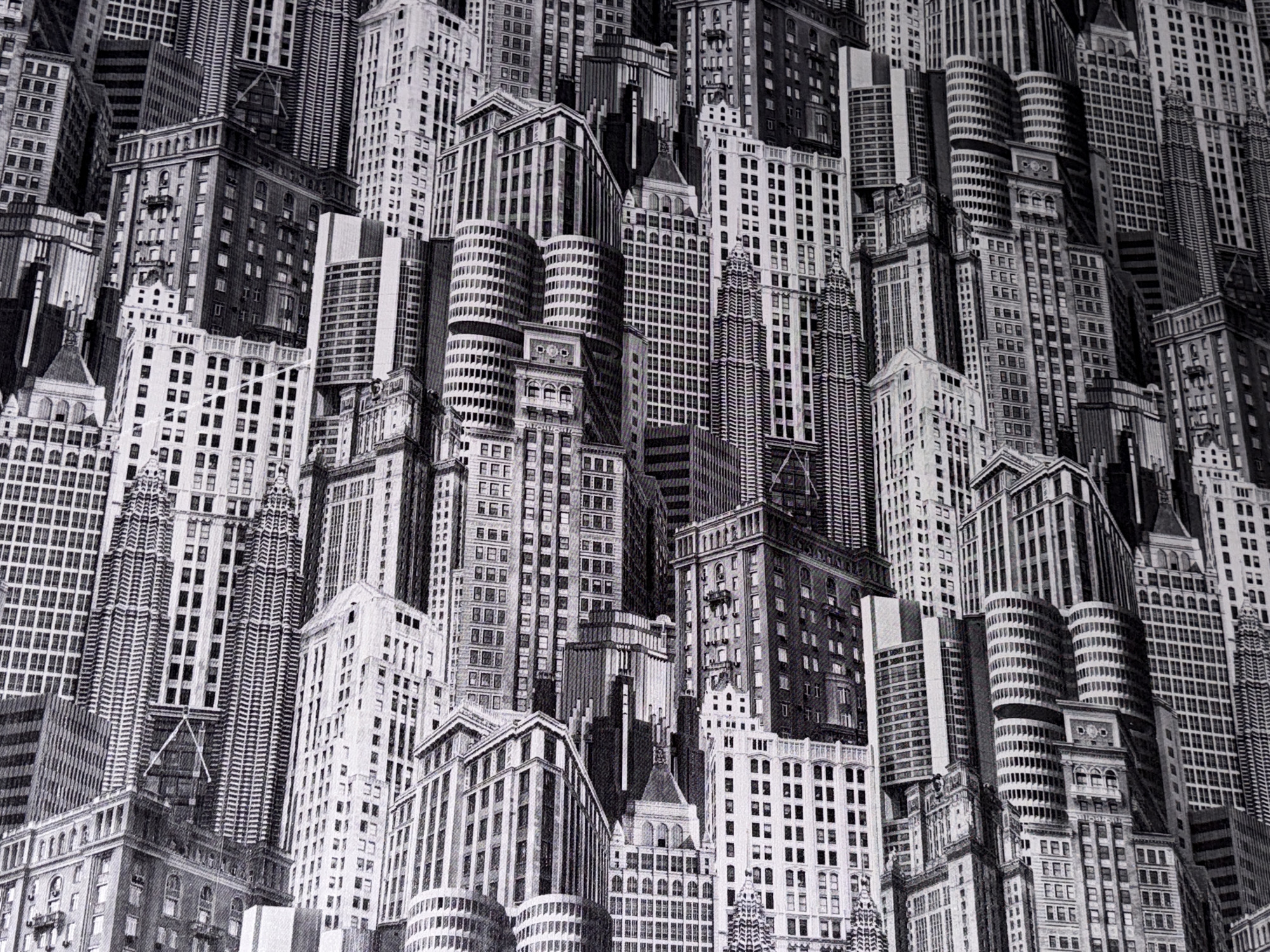 The image depicts a dense, black and white illustration of a cityscape, characterized by numerous tall, rectangular buildings with repeating window patterns. The perspective suggests an elevated view, looking down into a canyon of skyscrapers. The style is reminiscent of a drawing or engraving, with detailed linework defining the architectural features. There are no people, vehicles, or any signs of life visible. The overall impression is one of immense urban scale and uniformity.
There is no visual information within the image to suggest any connection to Şalqar, Kazakhstan. The architectural style appears to be that of a generic, historical Western metropolis, possibly New York City or a similar urban center from the early to mid-20th century, based on the building designs.