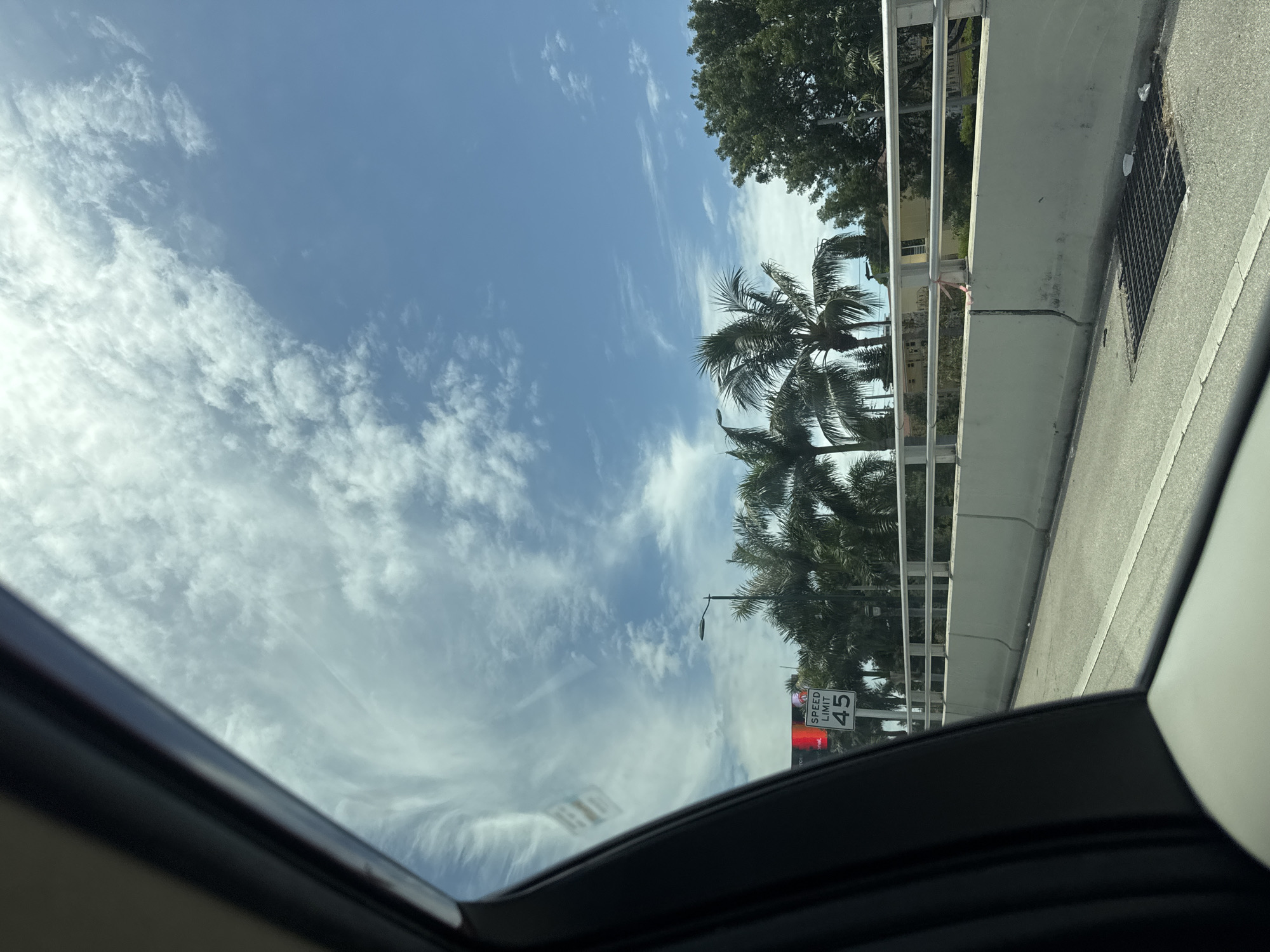The image shows a view from inside a vehicle, looking up at a bright, partly cloudy sky with scattered cirrus clouds. Palm trees and other lush green trees are visible in the background, suggesting a warm, tropical climate. A highway overpass with a metal railing runs along the right side of the frame, adjacent to a road. A speed limit sign indicating "SPEED LIMIT 45" is visible on the right. The overall scene suggests a daytime setting, likely in the morning or afternoon, given the bright sunlight. The composition, with the sky dominating the frame and the reflection of the sky on the vehicle's sunroof, creates a sense of open space and a pleasant, possibly travel-related, atmosphere.