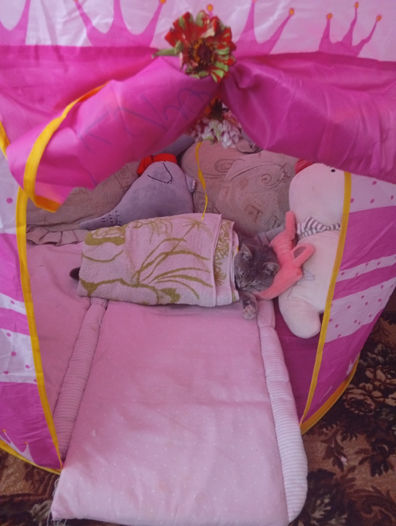 A grey kitten sleeps in a pink fabric play tent. The tent has a crown pattern around the top opening. Inside the tent, the kitten is nestled on a pink mattress and covered with a towel with a green vine pattern. Next to the kitten is a stuffed animal that appears to be a white bear with a striped scarf. The tent is set up on a brown patterned rug. The background is blurry and appears to be inside a residential dwelling. There are no people visible in the image.