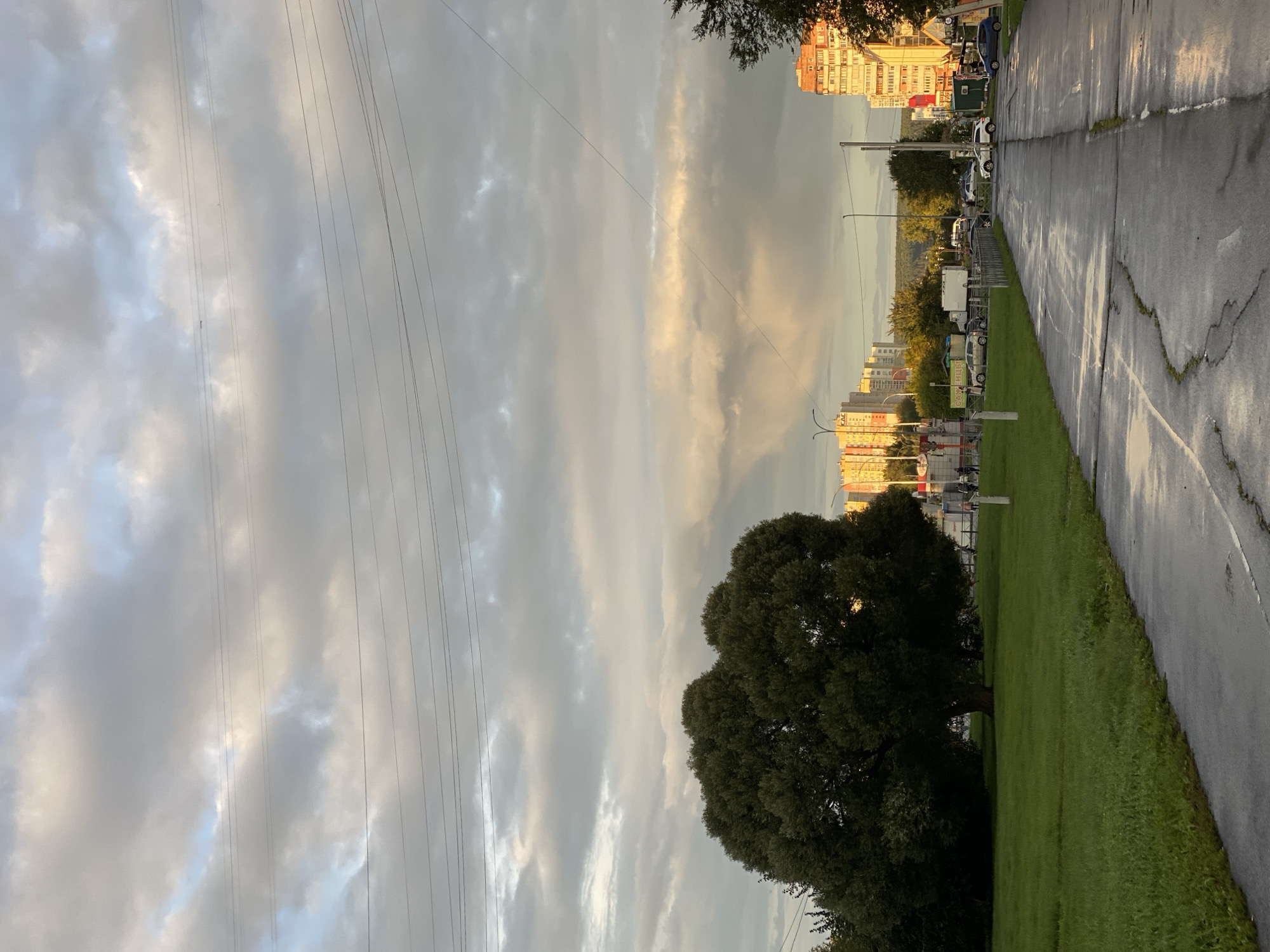 The image depicts a view of a street in Kemerovo, Russia, with buildings in the background and a large tree in the foreground. The sky is filled with dramatic, textured clouds, some of which are illuminated by the setting sun, casting a warm glow. A wet, asphalt road runs diagonally across the lower right of the frame, showing signs of wear and tear with visible cracks and puddles reflecting the sky.
To the left, a large, mature tree with a dense canopy of dark green leaves dominates the scene, casting a shadow on the adjacent green lawn. Further back, several multi-story apartment buildings, typical of Soviet-era architecture, line the street. These buildings are painted in various shades of yellow, orange, and white, and appear to be residential.
Several cars are parked along the side of the road and on a dirt path in front of the buildings, including a white SUV, a blue sedan, and several other vehicles. A few people are visible walking on the sidewalk in the mid-ground, appearing to be engaged in casual movement. Streetlights and utility poles are also present. The overall impression is a late afternoon or early evening scene in a residential area of Kemerovo, with the weather transitioning from a recent rain shower to a more dramatic sky.