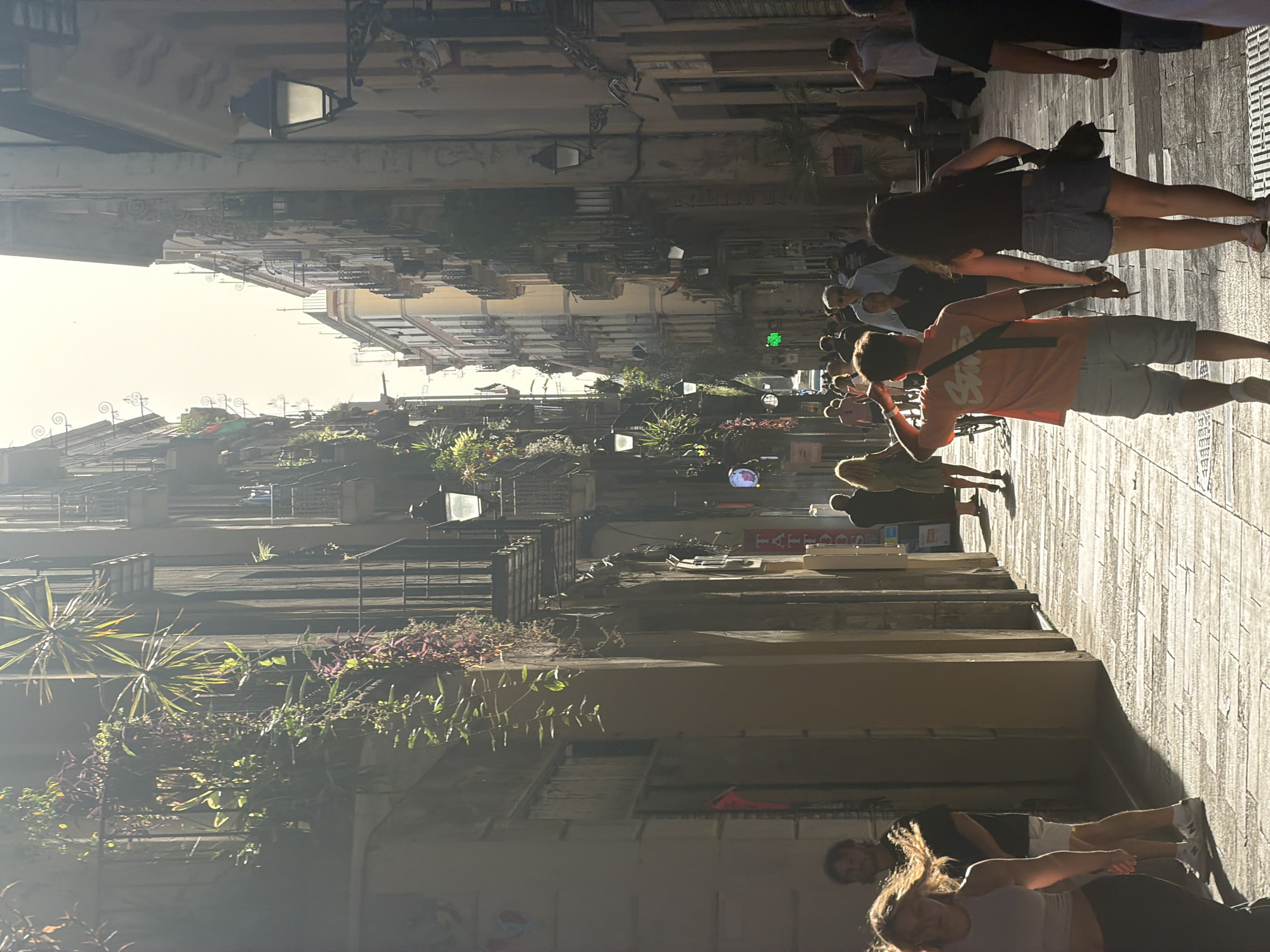 This image captures a vibrant street scene in Barcelona, Spain, likely within the Gothic Quarter due to the narrow, winding street lined with tall, historic buildings. Sunlight streams down, casting long shadows across the cobblestone pavement, creating a dappled effect. A diverse group of people are walking, some singly, some in pairs, and some in small groups, suggesting a bustling atmosphere.
In the foreground, a young woman with blonde hair, wearing a white crop top and dark pants, walks towards the viewer, her hair blowing in the wind. Behind her, a man with dark hair and a beard, wearing a black t-shirt and white shorts, stands facing away. Further down the street, a couple walks hand-in-hand: a man in an orange t-shirt and light-colored shorts, and a woman in a black tank top and denim shorts. Other individuals and groups are visible further into the street, some appearing to browse shops, others simply strolling.
The buildings on either side are tall and appear to be residential or commercial, with ornate balconies adorned with lush greenery. Street lamps, characteristic of older European cities, are visible attached to the building facades. Signs, some in Catalan or Spanish, are intermittently visible on the ground floor of the buildings, hinting at shops and businesses. The overall impression is one of a lively, sun-drenched urban environment, filled with the everyday activity of city life.