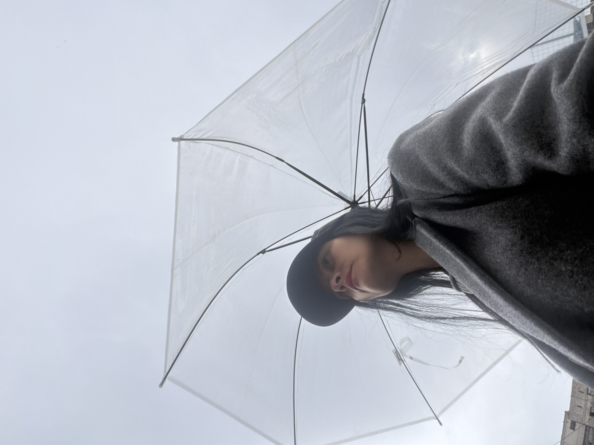 A low-angle shot features a person holding a transparent umbrella against a cloudy sky. The person is wearing a dark hat and a gray coat. Tbilisi, Georgia, is only partially visible, with building details in the lower right.
