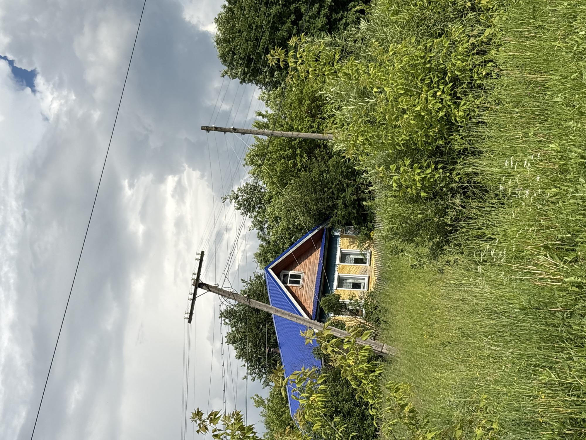 The image depicts a rural scene in Kumyon, Russia, featuring a traditional wooden house with a bright blue metal roof. The house, painted yellow, is partially obscured by lush green vegetation, including tall grass and trees. Two wooden utility poles with electrical wires are visible in the foreground and midground, one leaning precariously. The sky is overcast with dramatic clouds, suggesting a change in weather. A wooden fence is faintly visible behind the house. The overall impression is one of a rustic dwelling surrounded by nature.