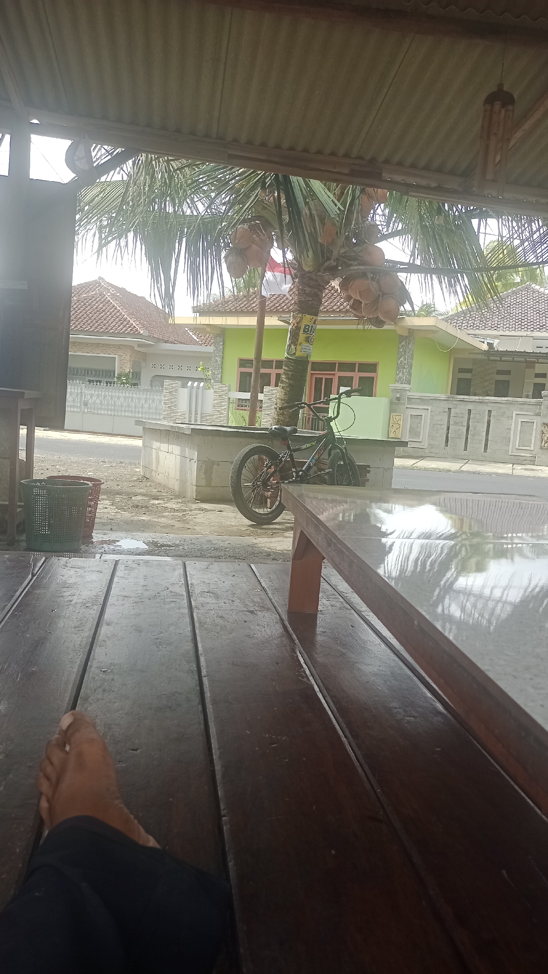 A low-angle, full shot captures a scene from beneath a corrugated metal roof supported by wooden beams. In the foreground, a person's bare left foot rests on a dark wooden plank floor. To the right, a polished wooden table reflects the sky and palm fronds. Beyond the table, a black BMX bicycle leans against a low, concrete wall. Behind the wall, a green house with pink window frames is visible, and a palm tree with coconuts stands to the left of the house. Two trash bins, one green and one red, are situated next to the concrete wall. The background reveals residential houses with tiled roofs and a street. The overall impression is a relaxed outdoor setting, possibly a porch or seating area, in a residential neighborhood in Cibeber, Indonesia.