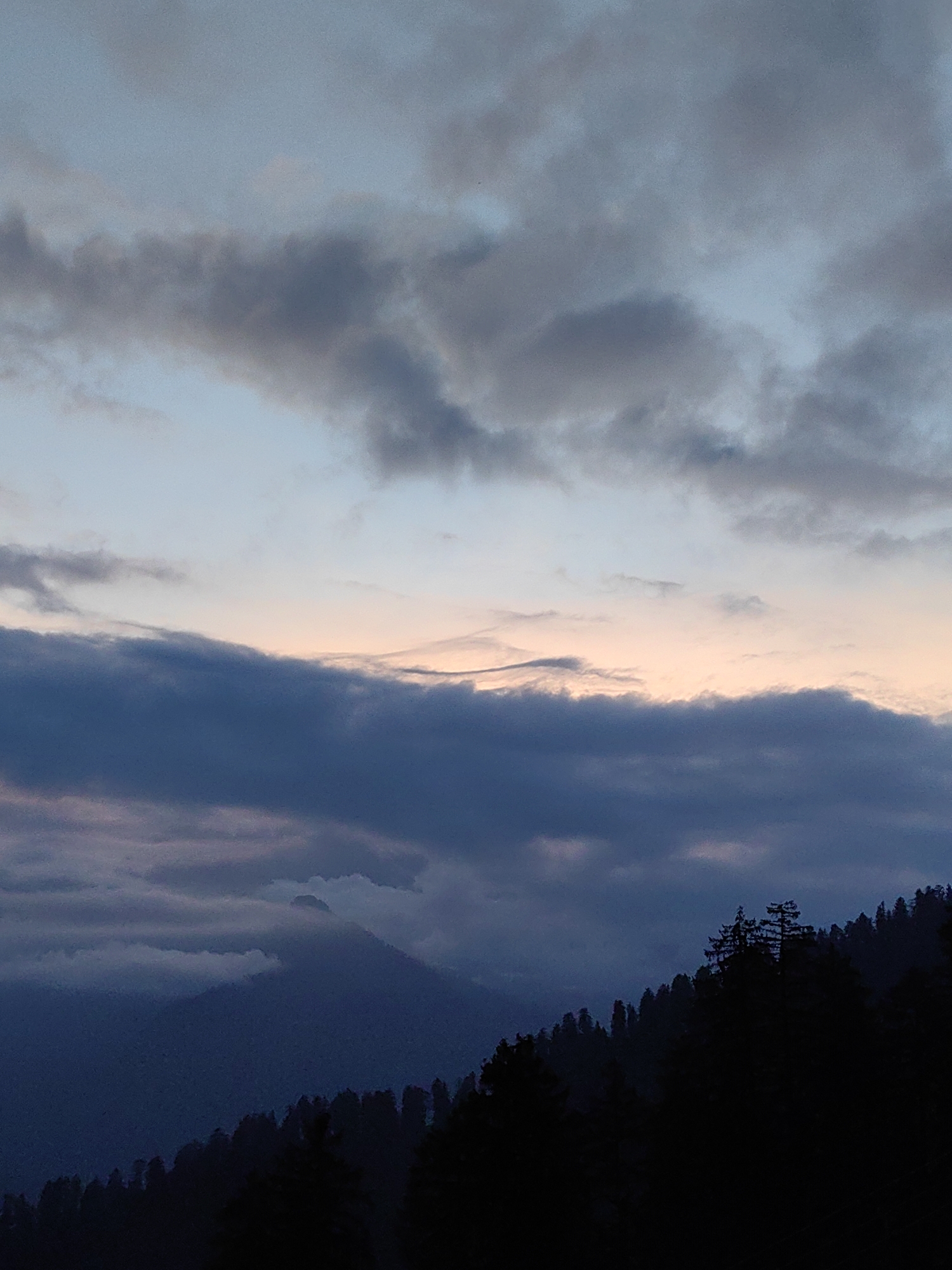 This is a vertical, medium-wide shot of a mountainous landscape near Aleo, India, at dusk. The sky dominates the upper two-thirds of the image, filled with layers of dark gray and blue clouds. A faint band of pale orange and pink light is visible on the horizon, suggesting the sun has recently set. The lower third of the image shows a silhouette of a dense forest of pine trees covering a steep mountainside. The trees are dark and indistinct, blending into the shadows. In the background, the outlines of more mountains are visible, shrouded in mist and fading into the darker sky. The overall mood is serene and somewhat dramatic, characteristic of twilight in a mountainous region.