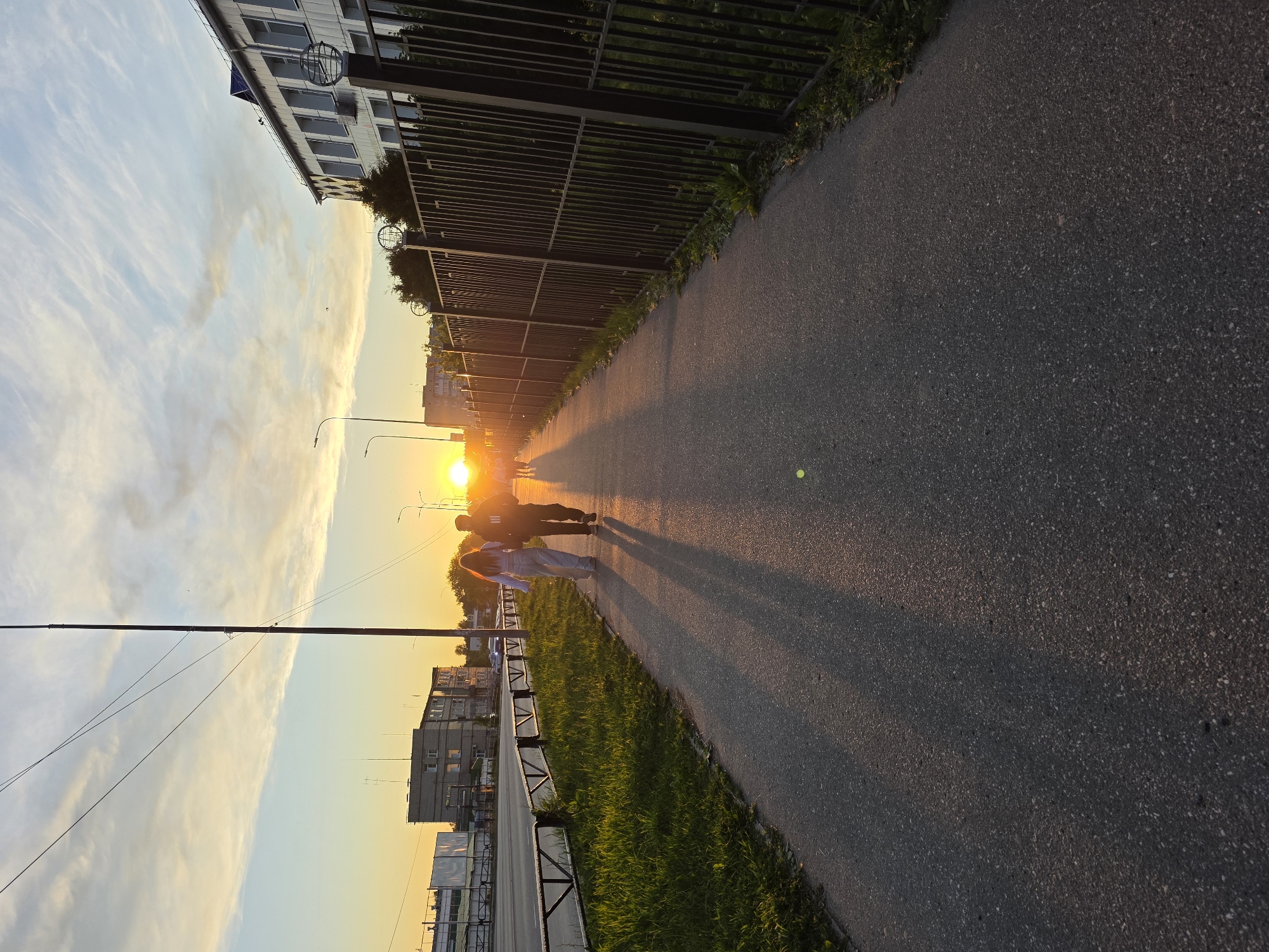 The image depicts a tranquil urban scene in Chaikovsky, Russia, during what appears to be the golden hour of either sunrise or sunset. A bright, intensely glowing sun is positioned low on the horizon, casting a warm, golden light across the entire landscape and creating long, dramatic shadows.
Two individuals are the main subjects, seen from behind as they walk along a paved asphalt path directly towards the sun. One person is dressed in dark clothing, while the other wears light blue jeans and a white top, their figures silhouetted against the bright light. Their elongated shadows stretch far ahead of them on the path.
To the right, a black metal fence with vertical bars runs alongside the path, separating it from an adjacent area. A strip of lush green grass grows between the fence and the paved walkway. In the background, multi-story buildings, characteristic of a residential or commercial area, are visible on both sides of the street. Utility poles and overhead wires are also present, adding to the urban context. The sky above is adorned with wispy, delicate clouds, reflecting the soft hues of the sun. The scene evokes a sense of peaceful movement and the beauty of natural light in a city setting. No visible text is present in the image.