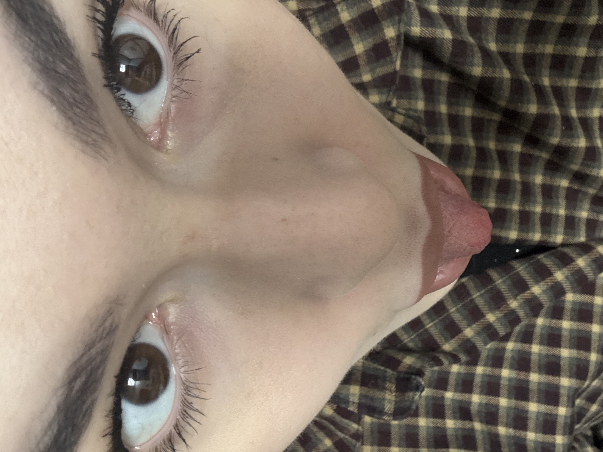 A close-up, angled shot of a person's face from below, focusing on the eyes, nose, and mouth. The person has brown eyes, dark eyelashes with mascara, and well-defined eyebrows. The nose is prominent, and the lips are coated with a brown-tinted gloss. The background includes a plaid shirt in shades of brown, green, and yellow. There is no indication of location in the city of Chaikovsky, Russia.
