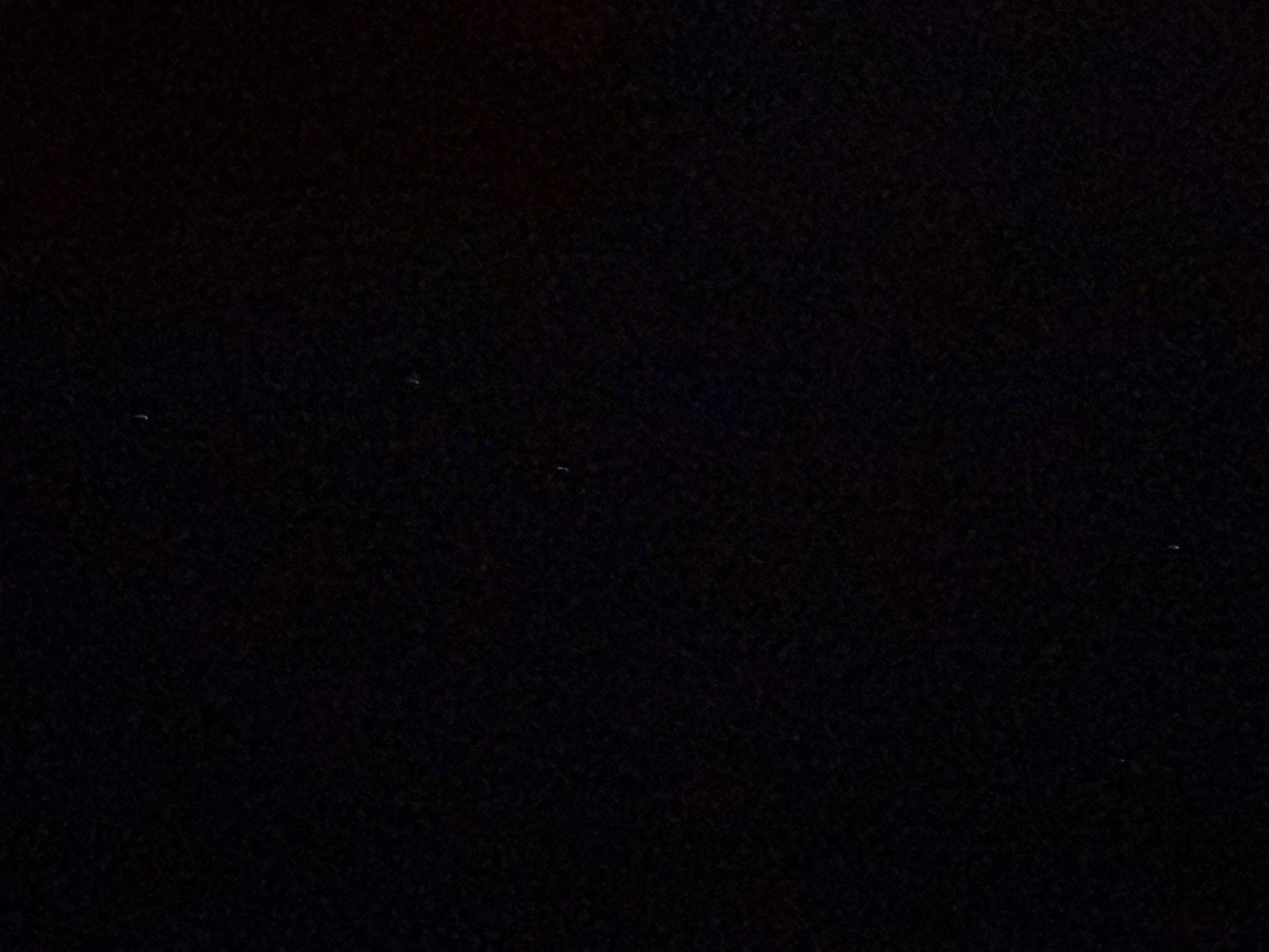 The image displays a dark, uniformly textured surface, possibly textile or fabric, rendered in extremely low light. The primary color is a deep, muted black with subtle variations in tone and a fine, granular pattern across the entire frame. Scattered irregularly across the surface are several minute, light-colored, elongated specks, resembling dust particles or fibers. No discernible objects, people, or specific environmental features are present beyond the described surface and particulate matter. The scene is located in Unknown, Unknown.