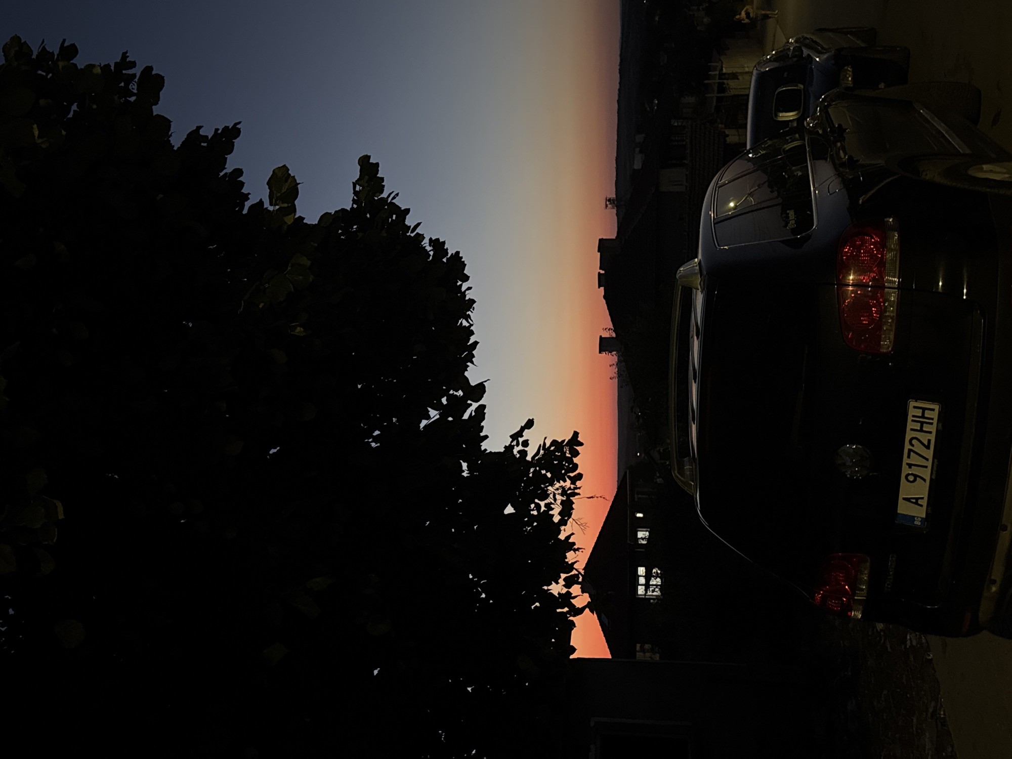 This image depicts a twilight scene in Sredets, Bulgaria, with a black SUV prominently featured in the foreground. The vehicle's license plate, "A 9172 HH," is visible. Behind the SUV, another vehicle is partially obscured, and a person is walking in the distance on the right side of the frame.
The background reveals a residential area with houses, characterized by dark silhouettes against a gradient sky transitioning from deep blue at the top to a vibrant orange and red near the horizon. A large tree with dark foliage dominates the upper left portion of the image, casting shadows over the scene. The overall impression is a tranquil evening setting in a Bulgarian town.