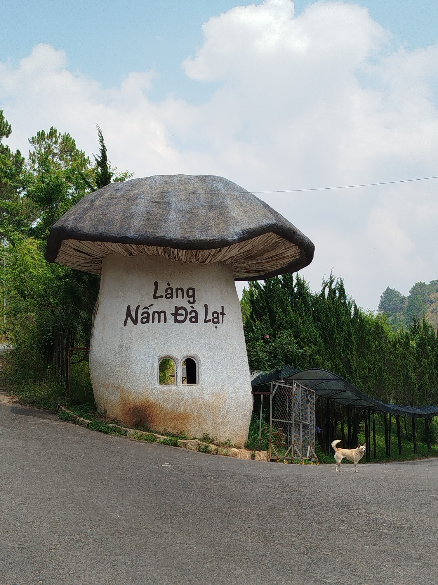 The image shows a large, concrete mushroom structure located in Lang Biang - Da Lat, Vietnam. The mushroom has a gray cap and a white stem with "Làng Nấm Đà Lạt" written in Vietnamese. There are two small square windows cut into the base of the stem. To the right of the mushroom, there is a partially visible shelter-like structure with a dark roof supported by metal posts, enclosed with chain-link fencing. A tan dog is standing on the asphalt road in front of the structures. The background features various green trees and bushes, a clear blue sky with scattered white clouds. The scene appears to be a tourist attraction or a roadside landmark.