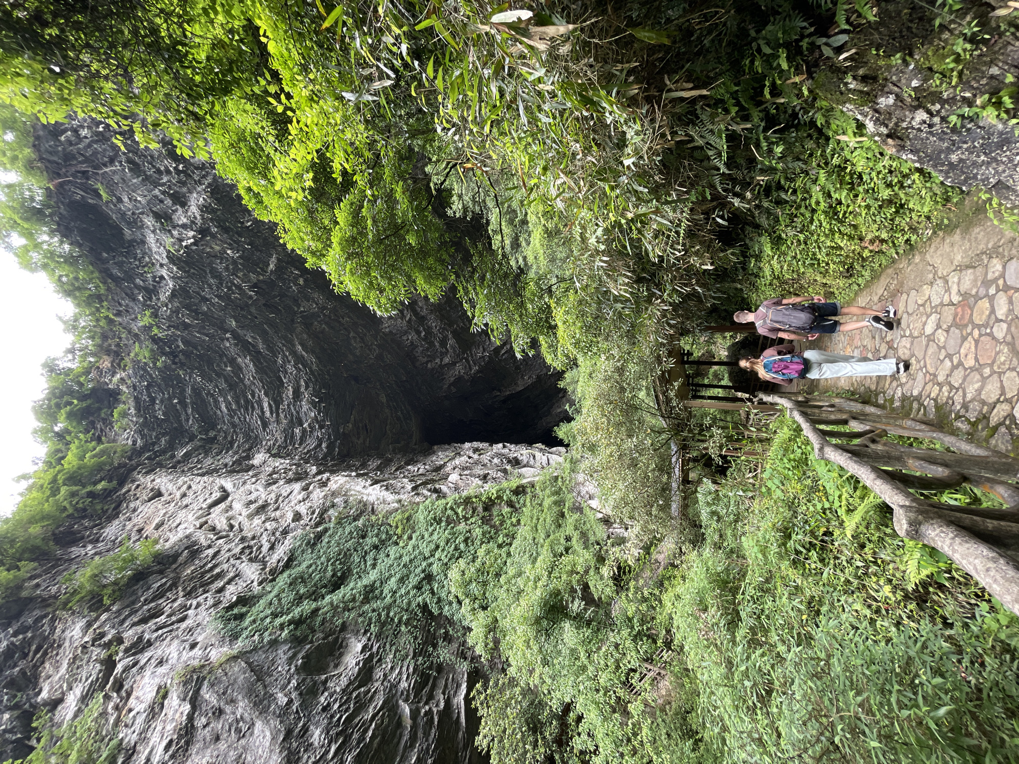 The image depicts a scene at the entrance of Erwang Cave, a cave located in Sanguansi, China. Two individuals, a man and a woman, stand on a stone-paved pathway. The man, wearing a dark shirt, shorts, and a backpack, is slightly ahead of the woman, who is wearing a light-colored shirt and pants and a backpack. A low, faux-wood railing lines the path. The cave entrance is flanked by a high, textured cliff face on one side and lush vegetation on the other. Trees and foliage overhang the path, partially obscuring the sky. The cave entrance itself is dark, suggesting a substantial depth.