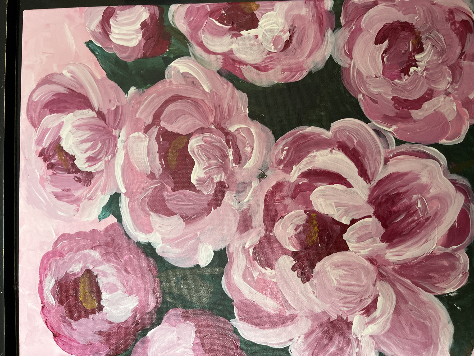 The image displays a painting of pink peonies against a dark green background. The brushstrokes are thick and textured, giving the impression of a vibrant, impressionistic style. The flowers are depicted in various stages of bloom, with some fully open and others still partially closed. The painting is framed with a black border. The city of Tambov, Russia, is not depicted in this image.