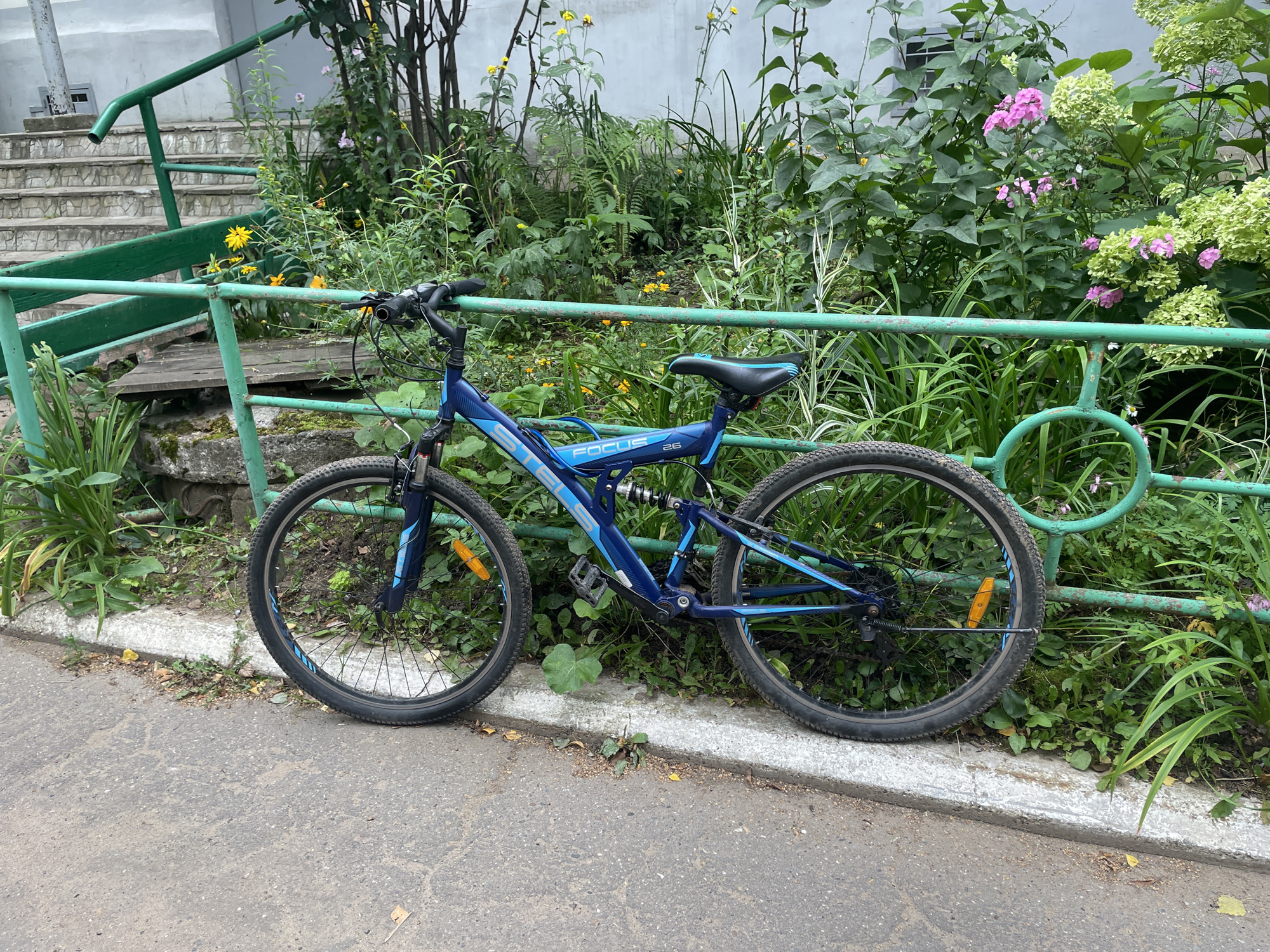 A blue and black dual suspension bicycle is parked next to a green metal fence in front of lush green foliage and a concrete staircase. The bicycle is a "FOCUS" model with "26" indicating the wheel size. The scene appears to be an outdoor residential area. The weather is overcast. The location is Chaikovsky, Russia. There are no people visible in the image.