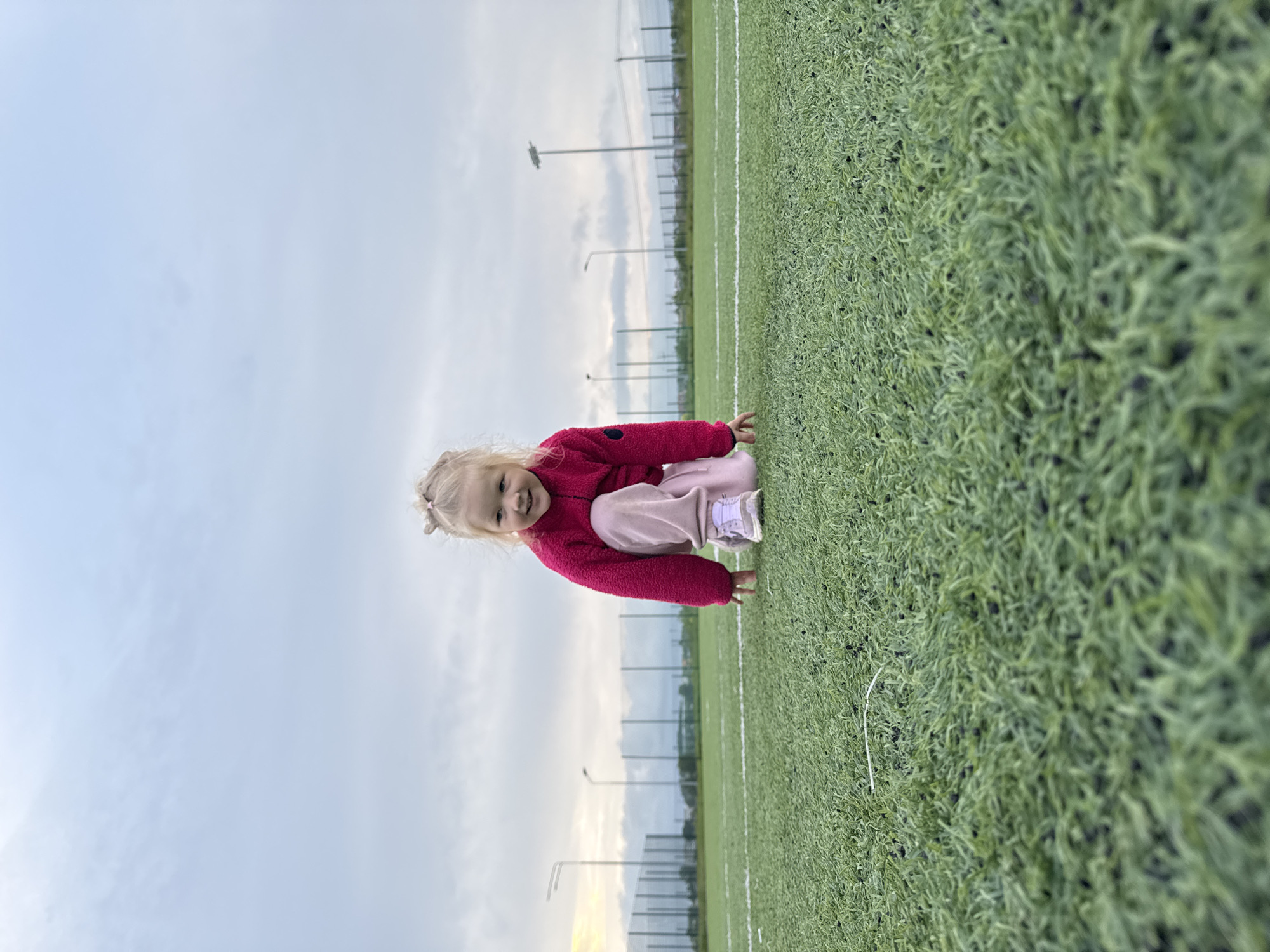 This image captures a young Caucasian female child in a low crouch on an artificial green turf field in Ферма, Russia. The child, appearing to be between two and four years old, has blonde hair styled into two small buns on the crown of her head. She is attired in a magenta-colored long-sleeved fleece jacket and light pink sweatpants, with light-toned athletic shoes visible on her feet. Both of her hands are resting on the artificial turf as she looks directly towards the viewer with an open-mouthed smile.
The immediate foreground is composed of green artificial turf, consistent with a sports playing surface, such as a football or soccer field. White line markings are visible on the turf, along with small black infill pellets embedded within the synthetic fibers. A thin, curved white object lies on the turf in the lower mid-ground.
The background features a perimeter fence, appearing to be chain-link or similar mesh, separating the field. Beyond the fence, several tall metal light poles with visible floodlight fixtures are present. The horizon is indistinct, showing hints of structures or distant vegetation under an overcast, light grey sky. The overall lighting is diffused and even, indicative of a cloudy day.