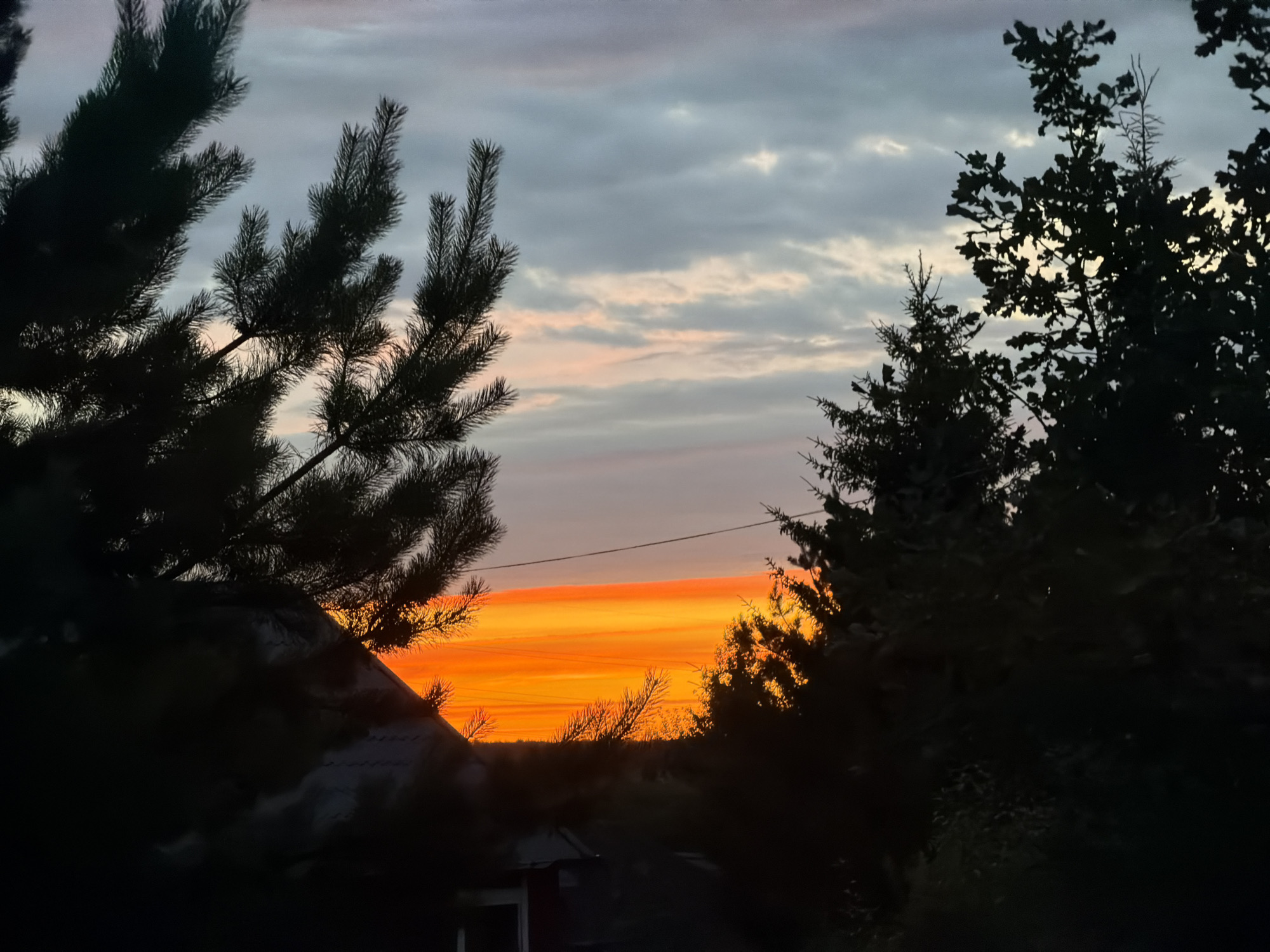 The image shows a sunset over the city of Kamenka, Russia. The sky is filled with vibrant colors, ranging from deep orange to soft pink and purple. Silhouetted against the colorful sky are the dark shapes of trees and a rooftop. The trees appear to be evergreen, with their branches reaching upwards. The rooftop is angled, suggesting a building with a sloped roof. The overall scene evokes a sense of calm and natural beauty.