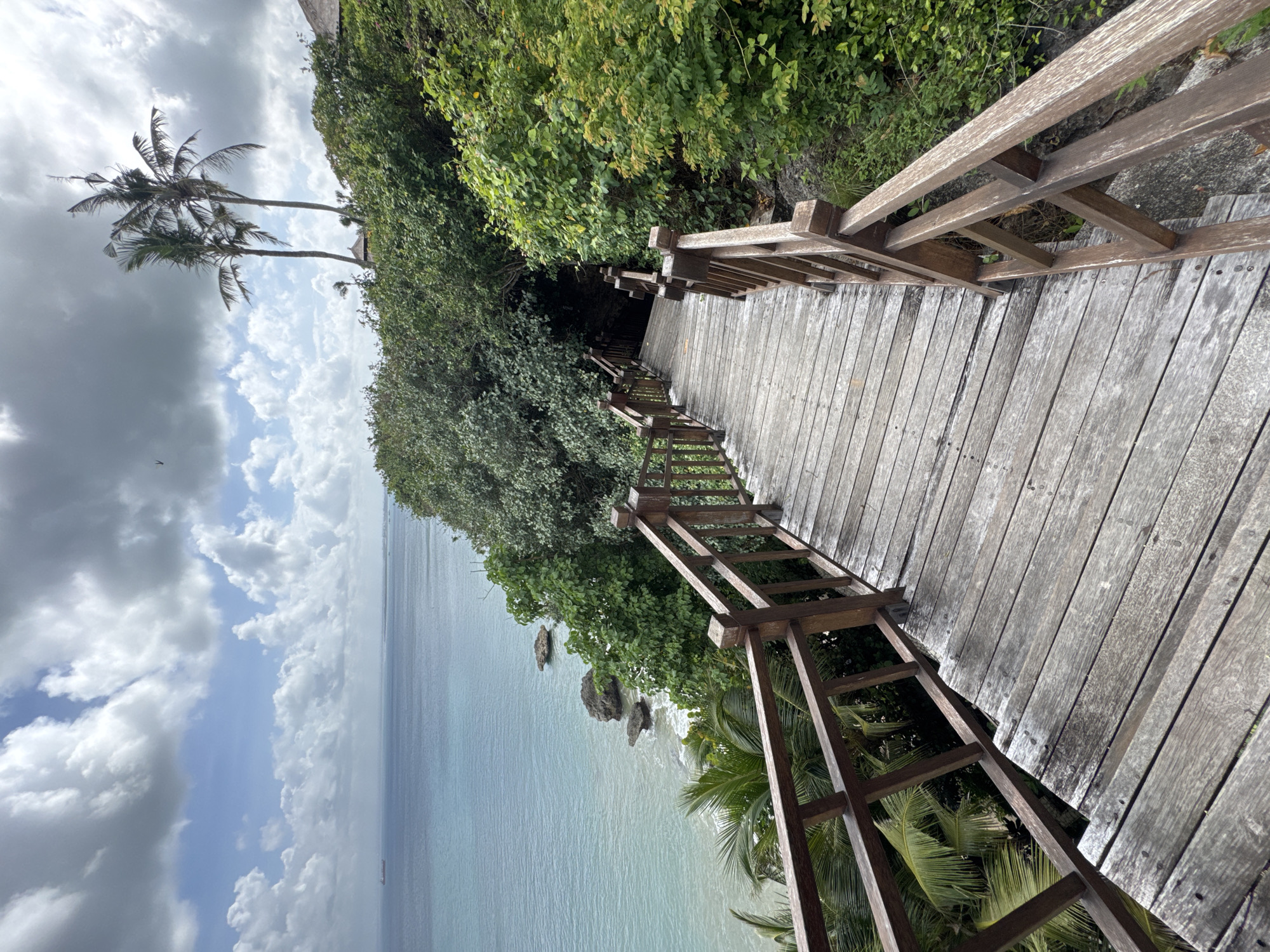 The image depicts a wooden boardwalk with railing that descends towards a tropical coastline, likely in Kuta Selatan, Indonesia. The boardwalk leads from a heavily vegetated, cliffside area down towards the ocean. The sea is calm and light blue, with some small rocky outcrops along the shore. The sky is partly cloudy. Two palm trees are visible in the background. There are no people present in the frame.