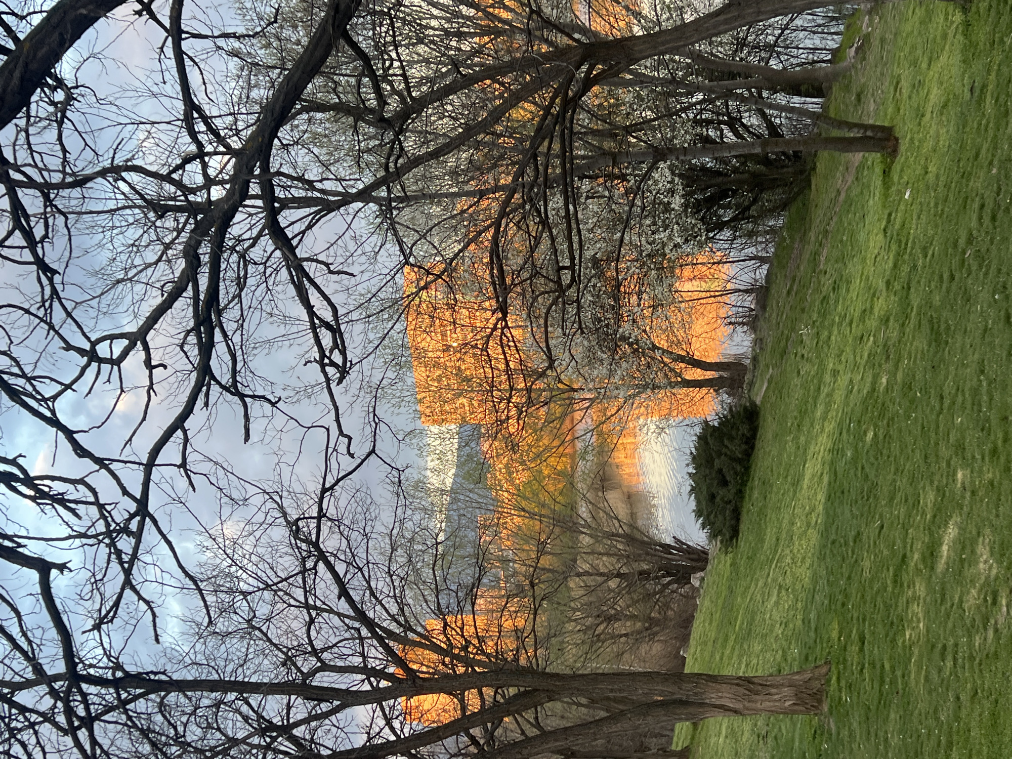 The image depicts a park landscape at dusk or dawn, potentially near a body of water like a river or lake. In the foreground, a lawn slopes upward with trees lining its edge, their bare branches dominating the sky. The trees frame a scene with a building reflecting sunlight. The location is in the city of Sofia, Bulgaria.