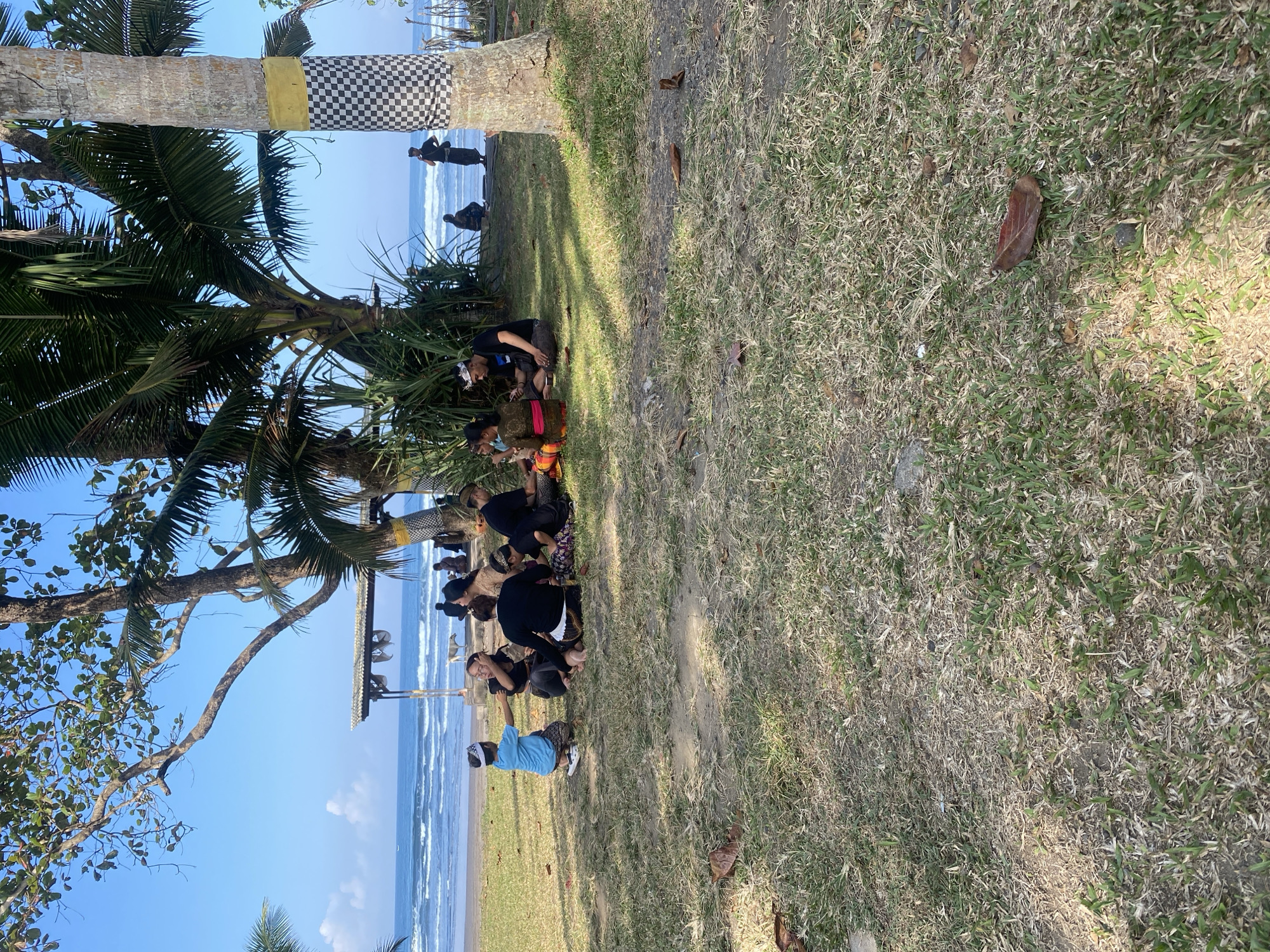 A group of people are sitting on the grass near a beach. In the foreground, dry grass and fallen leaves cover the ground. A person in a blue shirt and a child in traditional Balinese clothing are sitting on the grass to the left. A larger group of people, also in traditional Balinese attire, are gathered in a circle further back. They appear to be interacting and possibly sharing food. In the background, the ocean stretches out with gentle waves. A wooden structure with a tin roof is visible on the beach, and palm trees with characteristic black and white checkered fabric wrapped around them are scattered throughout the scene. The sky is clear and blue. The location is confirmed to be Pekutatan, Indonesia.