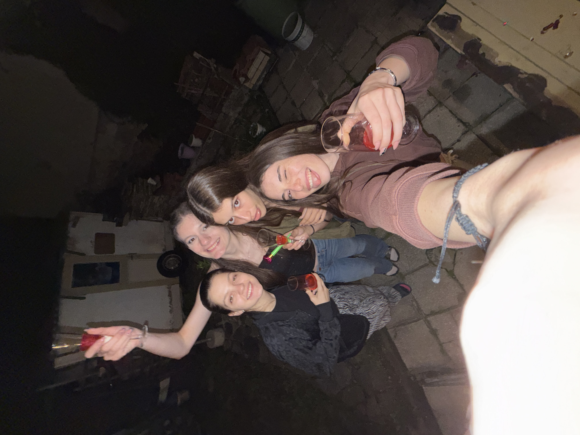 This image captures a nighttime gathering of five young women outdoors in Tsar Kaloyan, Bulgaria. The primary light source appears to be a camera flash, illuminating the subjects in an otherwise dim environment.
In the foreground, an arm belonging to the person holding the camera is visible, adorned with a braided cord bracelet. Directly above, one woman winks, smiles, and sticks out her tongue while holding a tumbler glass containing a red liquid. She wears a brown hooded sweatshirt, has long dark hair, and a silver-colored bracelet on her left wrist.
To her left, another woman with long dark hair, wearing a dark top, is partially visible, looking towards the camera with her mouth slightly ajar. Next to her, a third woman smiles, wearing a dark strapless top, light blue jeans, and holding a tall stemmed glass with a red drink. Small, colorful party poppers or streamers are visible on her top.
Further to the left, a fourth woman with dark hair smiles, wearing a dark patterned jacket over a dark top and striped trousers. She holds a tumbler glass with a red drink. Above and behind this group, the arm and hand of a fifth woman are raised, holding a tall stemmed glass with a red drink. Her hand has light-colored nail polish.
The ground is paved with irregular concrete or stone blocks. The background is dimly lit and contains various elements:
On the far left, indistinct dark shapes suggest overgrown vegetation or structures.
In the central background, a small, light-colored structure, possibly a shed or a compact trailer with a wheel, a window, and a door, is visible.
Scattered around the structure are several buckets (purple, white, grey) and other indeterminate objects, suggesting an informal outdoor space such as a backyard. Dark, indistinct vegetation surrounds the area.