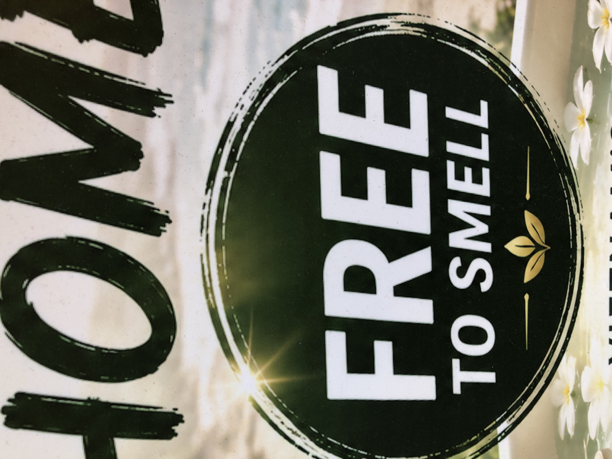 The image is a close-up of a sign or advertisement, likely for a spa or home fragrance product. The dominant text reads "HOME" in large, bold, distressed black lettering at the top. Below this, within a circular graphic with a distressed black border and a bright sunburst effect emanating from the upper left, are the words "FREE TO SMELL" in large, white, sans-serif capital letters. A small, golden leaf motif with two leaves and a stem is centered below the "TO SMELL" text, with a simple golden line extending to the left. The background of the circular graphic appears to be a dark green. The overall aesthetic suggests a premium, natural, or relaxing product. The image does not contain any specific identifiable landmarks of Đà Nẵng, Vietnam, nor does it depict any people or actions within the city.